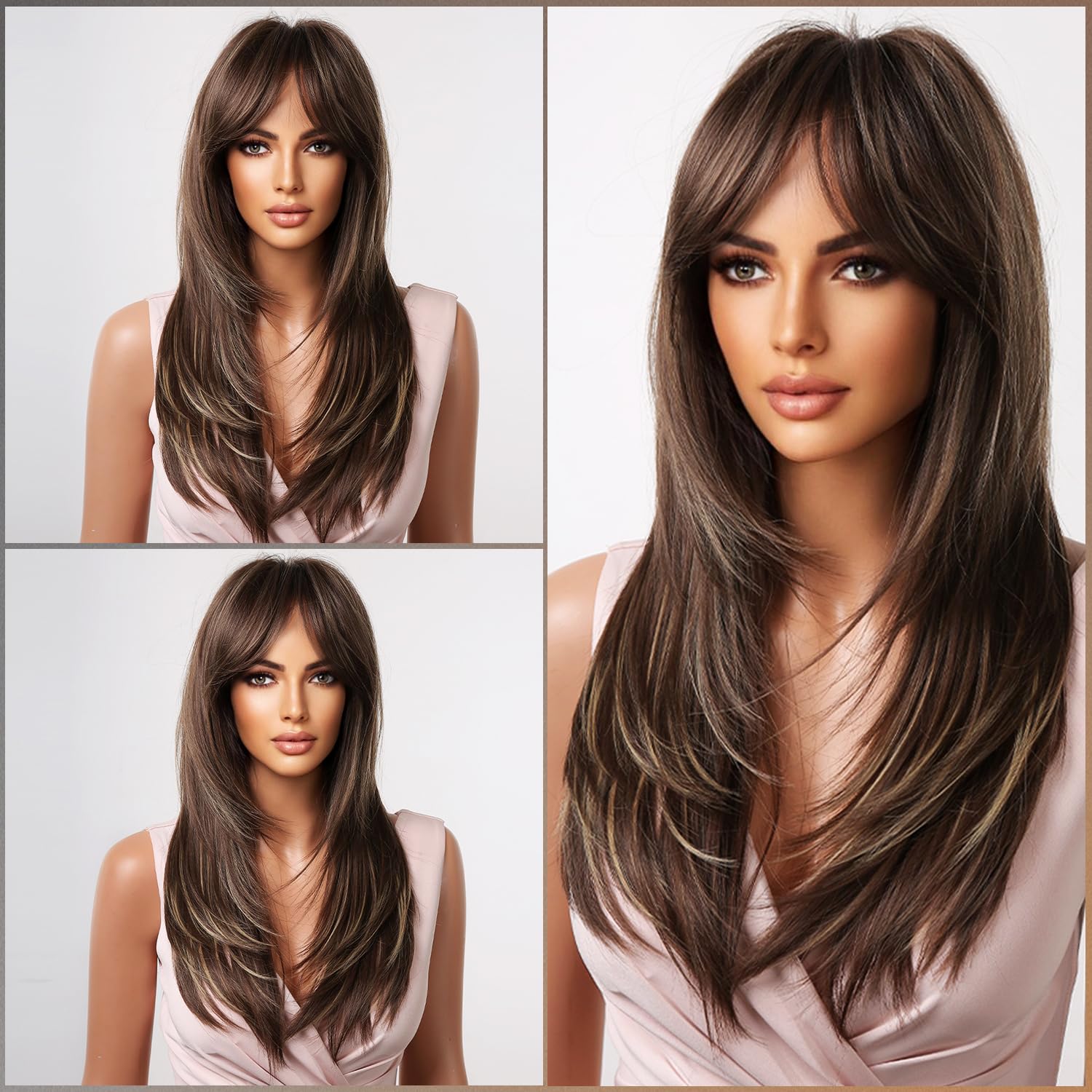 Kikone Pelucas largas rubias castañas con flequillo, peluca de 24 pulgadas de largo y lacia para mujer, peluca de cabello sintético con reflejos