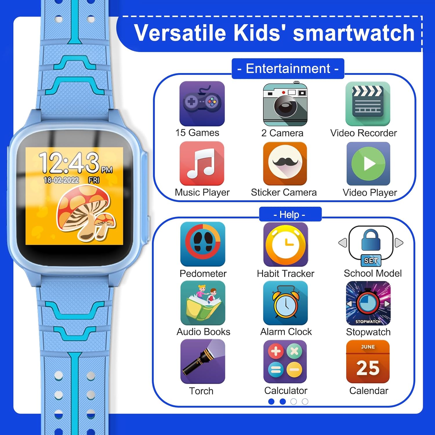 Reloj inteligente para niños y niñas, relojes inteligentes para niños con 15 juegos, rastreador de hábitos, 2 cámaras, 10 historias, reloj para