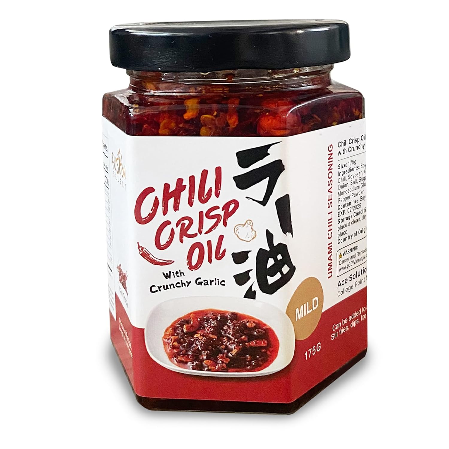 Fusion Select Aceite crujiente de chile de 6.17 oz  Aceite de chile crujiente de ajo, condimento Umami con pimientos picantes para ramen coreano,