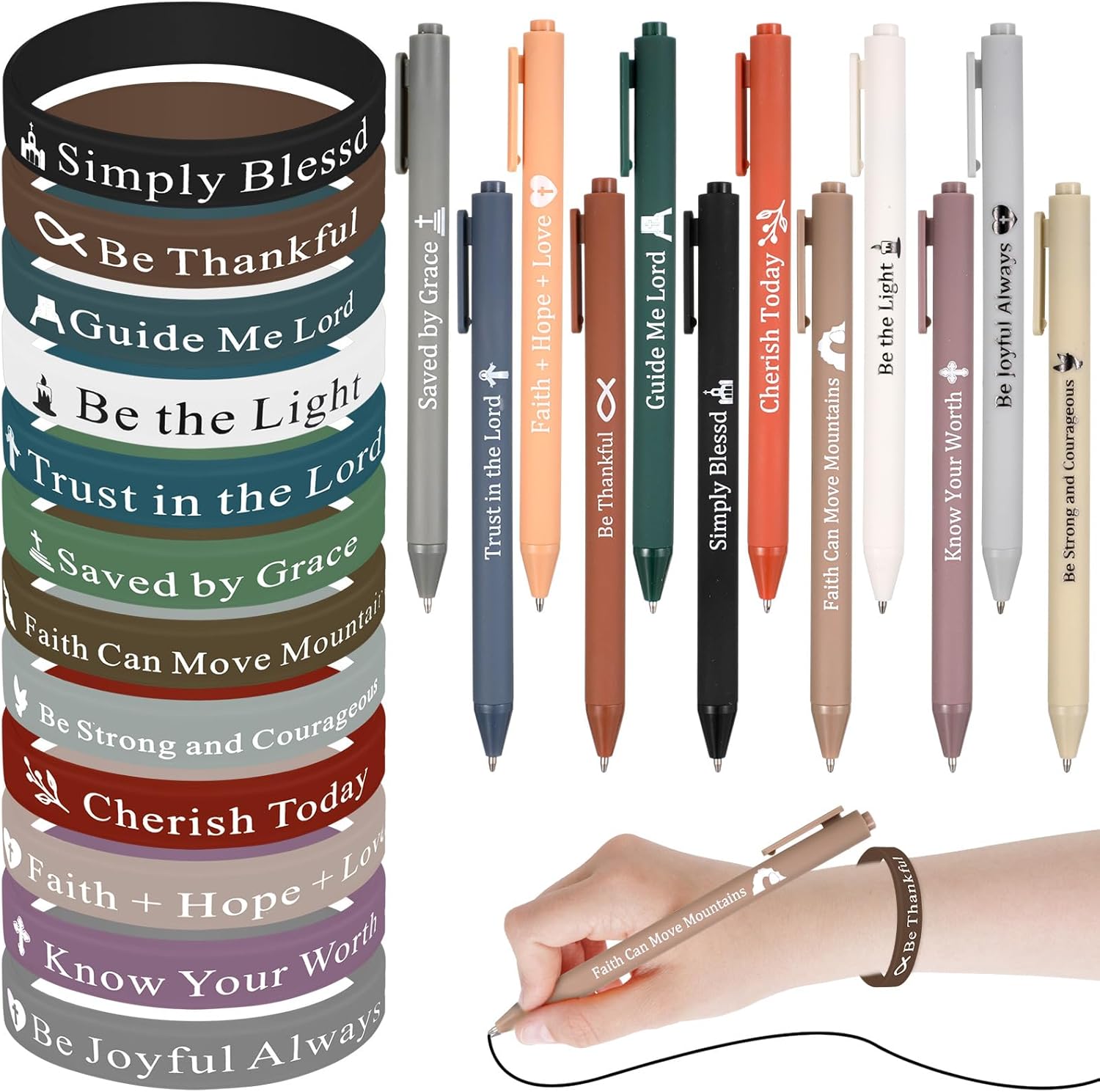 Glenmal Juego de 24 pulseras cristianas, regalos cristianos, bolígrafos de tinta negra, pulseras de goma de colores para niños, enfermeras,