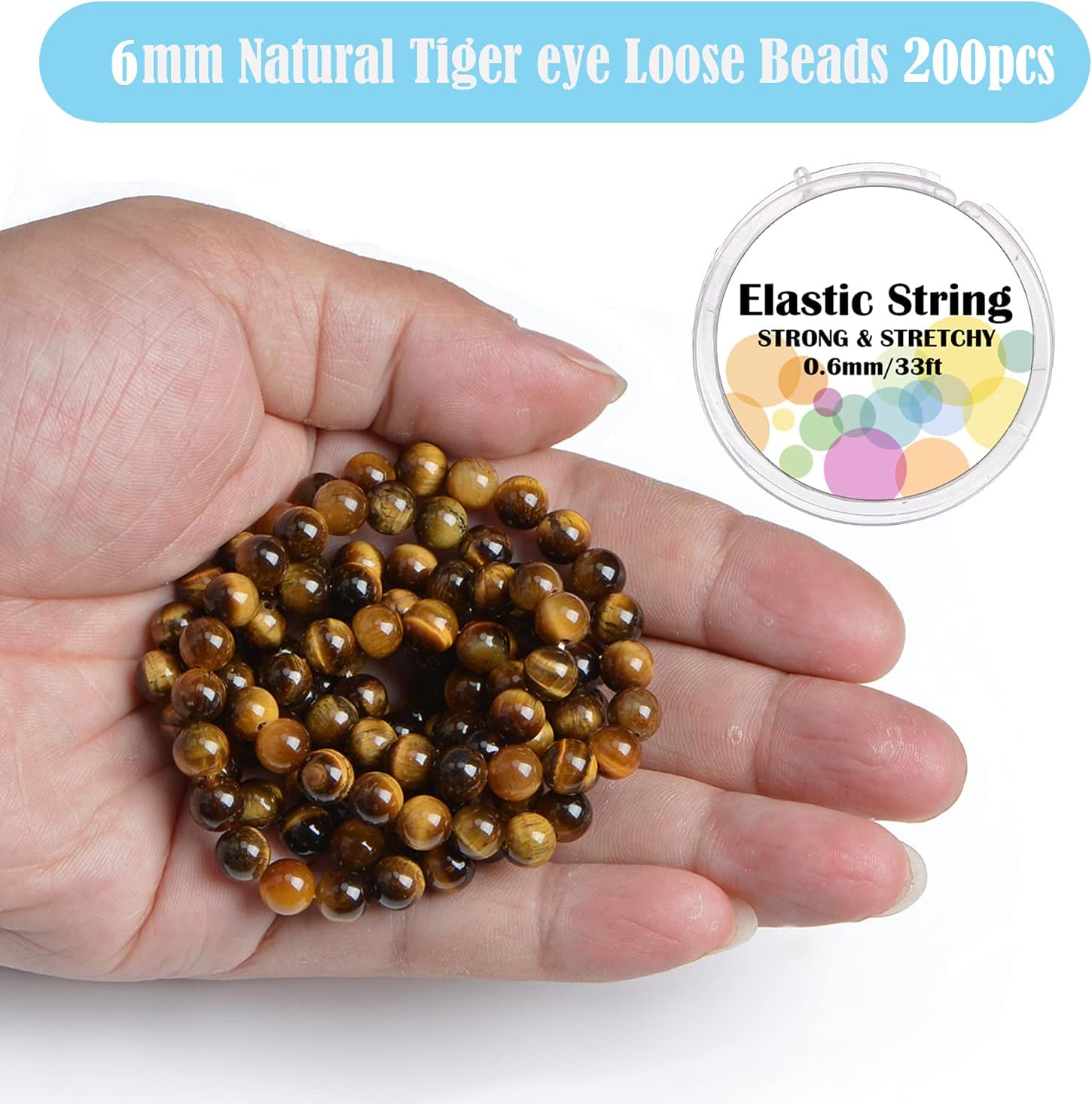 200 cuentas sueltas y redondas de ojo de tigre amarillo natural (piedra preciosa) de 0.236pulgadas para hacer joyas y cordón elástico de cristal