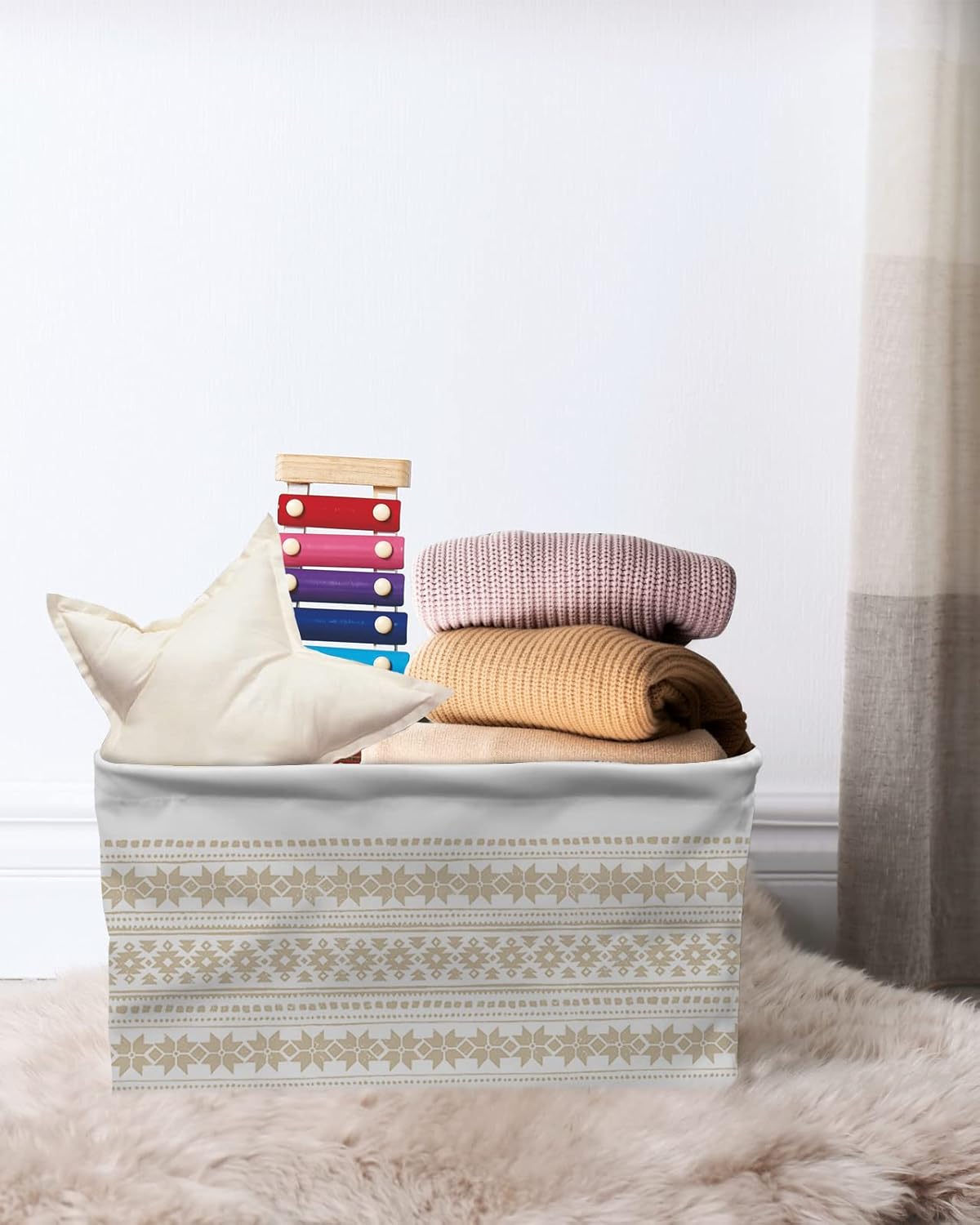 Cesta de almacenamiento bohemia beige para organizar estantes, cajas de almacenamiento plegables con asa, cesta de lona de arte abstracto geométrico