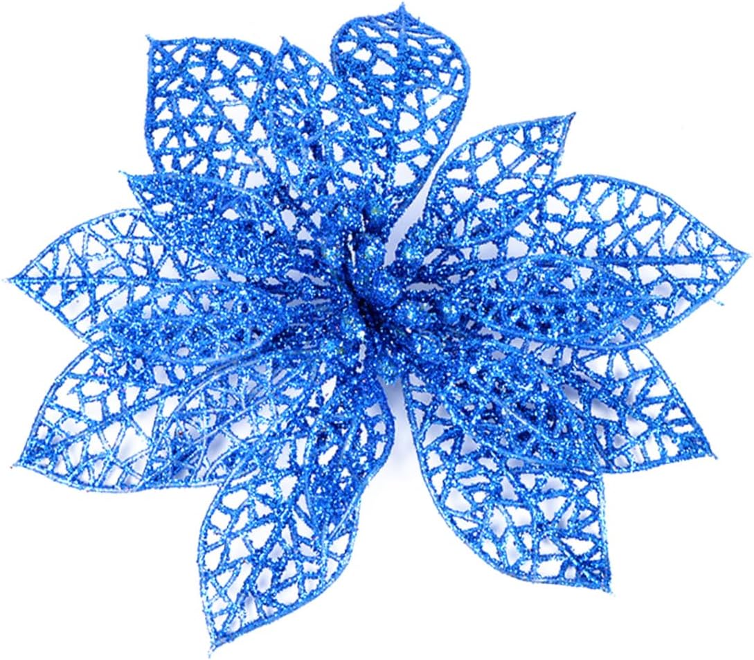 Amosfun 10pcs Guirnaldas para Hollow Christmas Flowers Artificial Flowers Green Poinsettia Blue Dusting Sticky Powder Wreath Hollow Flower Christmas
