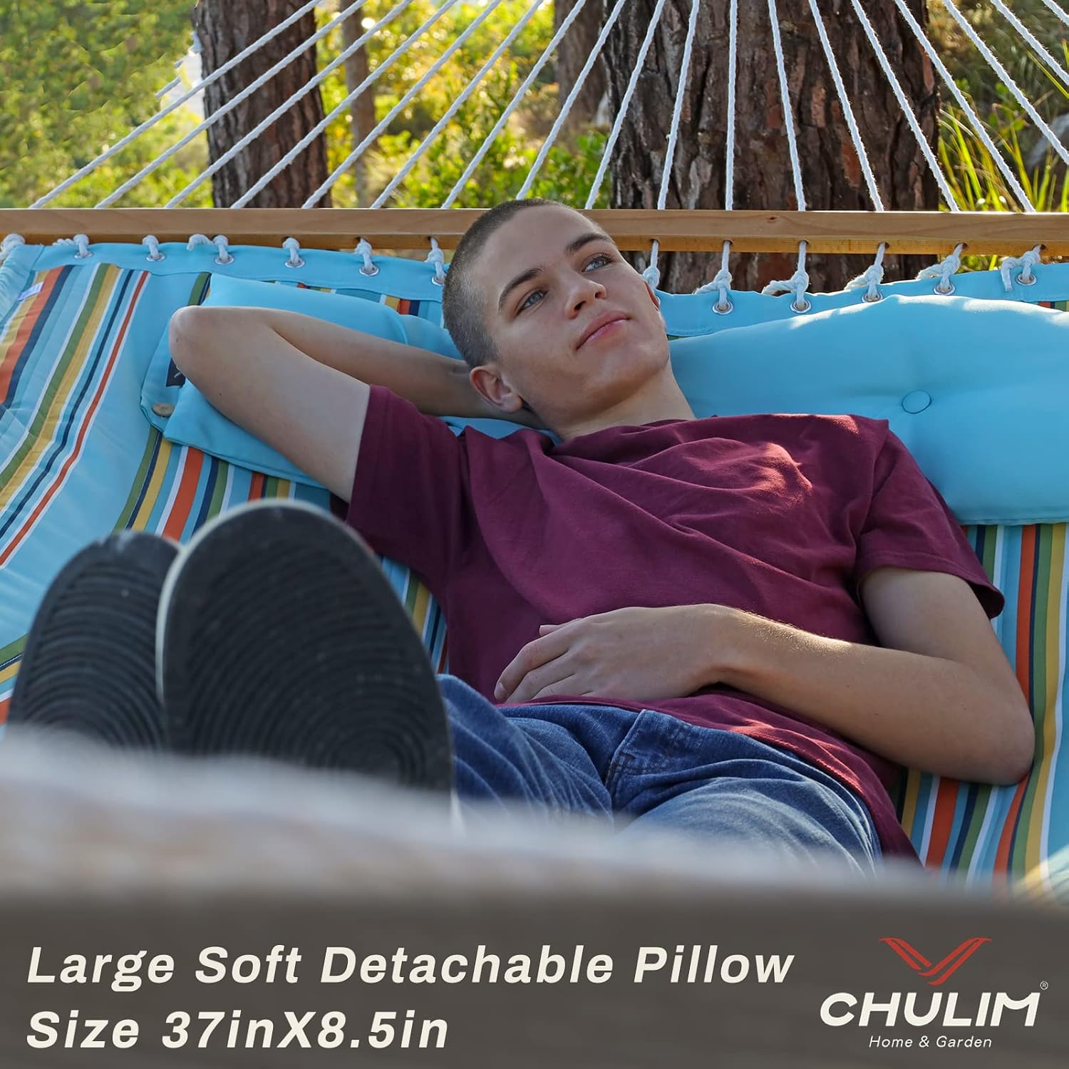 Hamaca de tela acolchada doble de 12 pies con barras separadoras y almohada, capacidad de peso de 450 libras, hamaca para 2 personas para patio al
