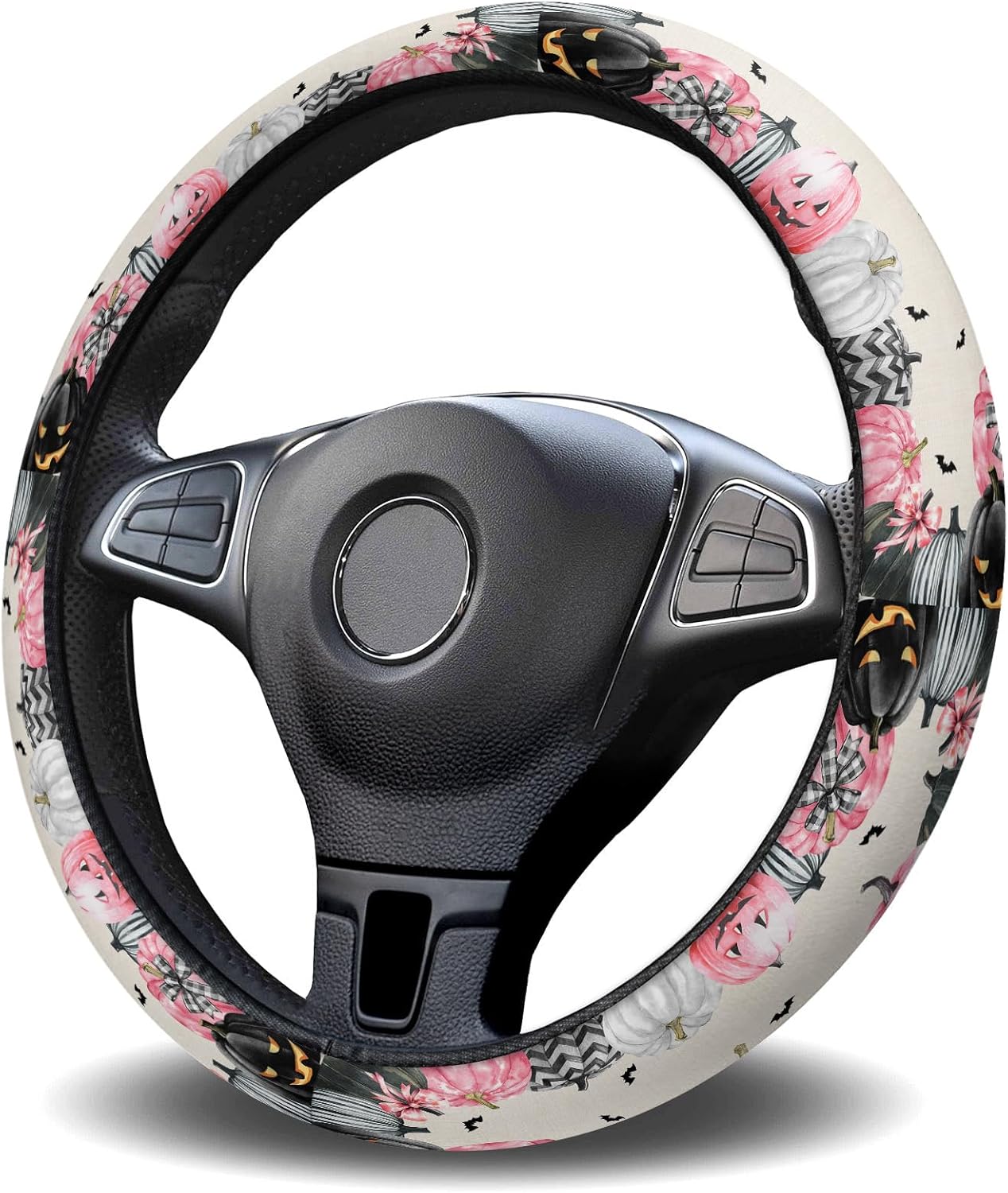 Car Steering Wheel Cover, Pink Striped Pumpkin Halloween Elastic Stretch Sponge Steering Wheels Protective Cover for Vehicles Trucks SUVs Universal