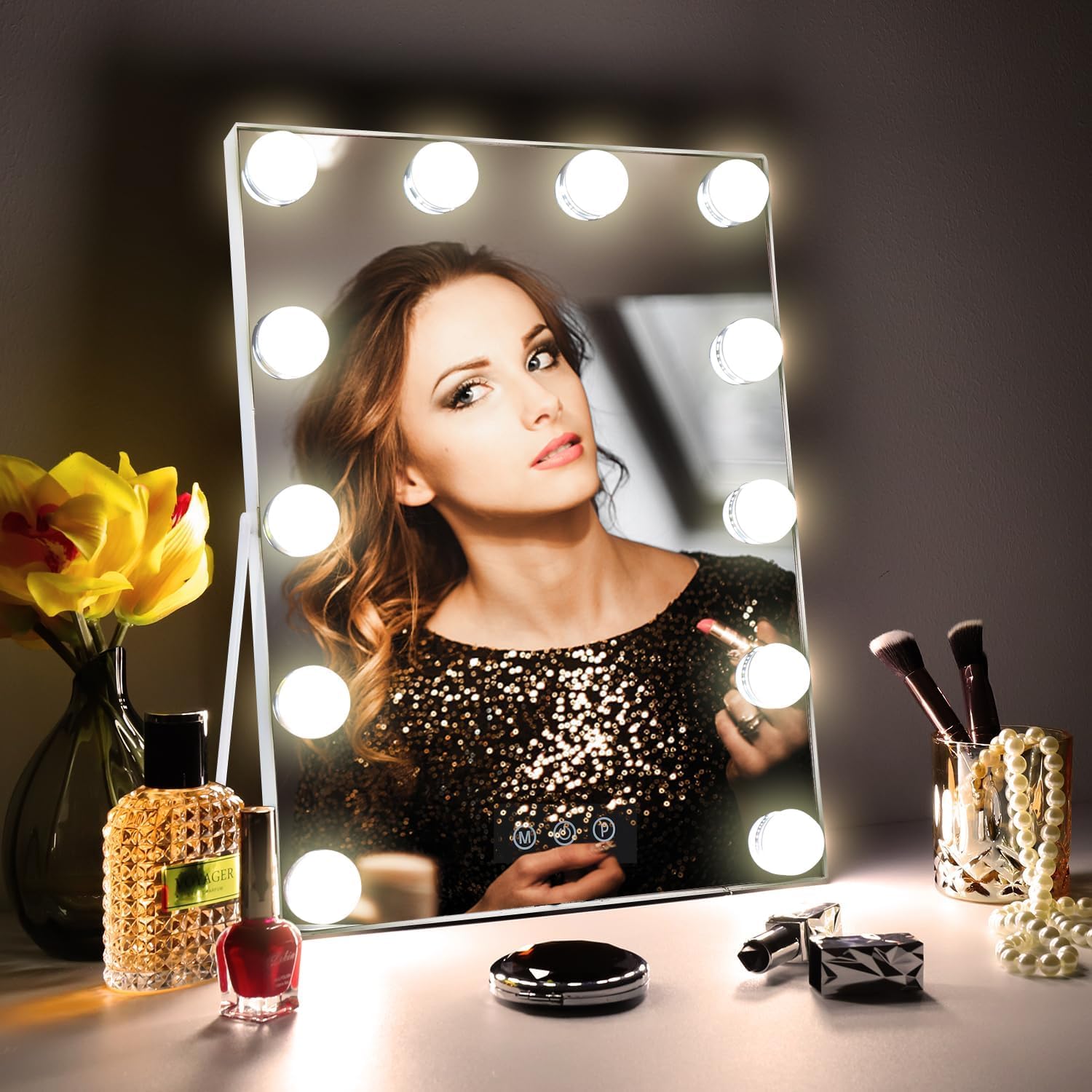 Kucitup Espejo de tocador de 10 x 12 pulgadas con luces, espejo de maquillaje iluminado Hollywood con 3 modos de color y 12 bombillas LED de