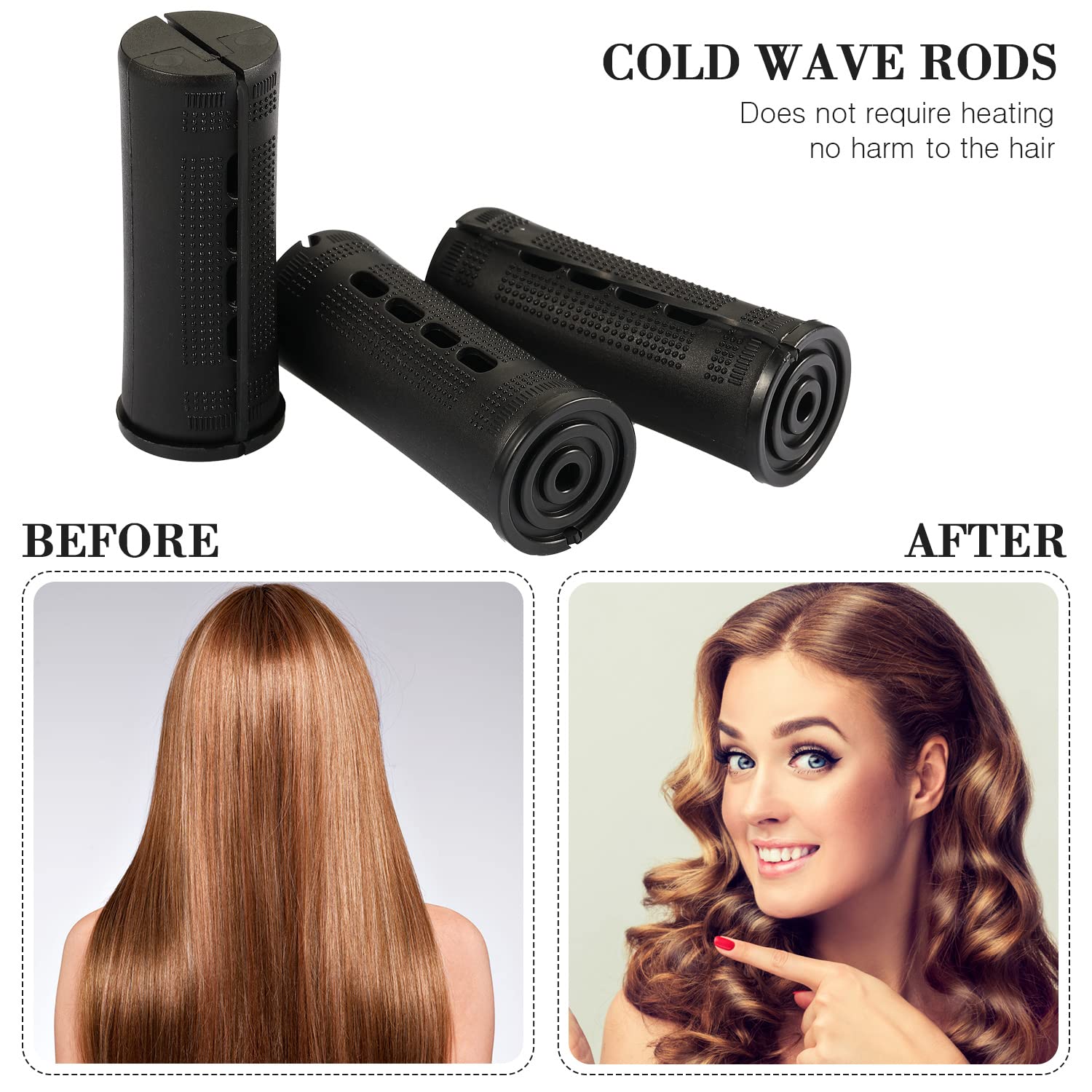 36 piezas de varilla de cabello ondulado frío, rodillos de cabello permanentes, rizadores con peine de cola de rata de acero para peluquería (negro,
