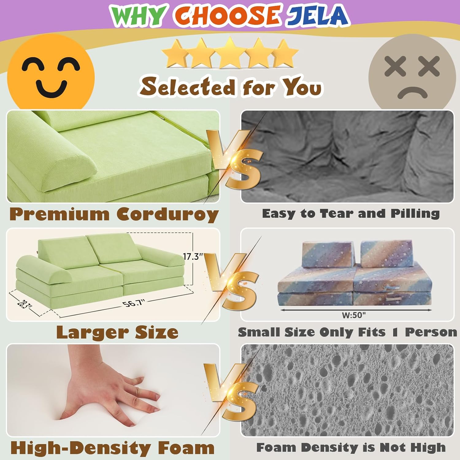 jela Kids Couch, Floor Sofa Modular Funiture for Kids, Luxury Corduroy Fabric Playhouse Play Set for Toddlers Babies, Modular Foam Play Couch Indoor