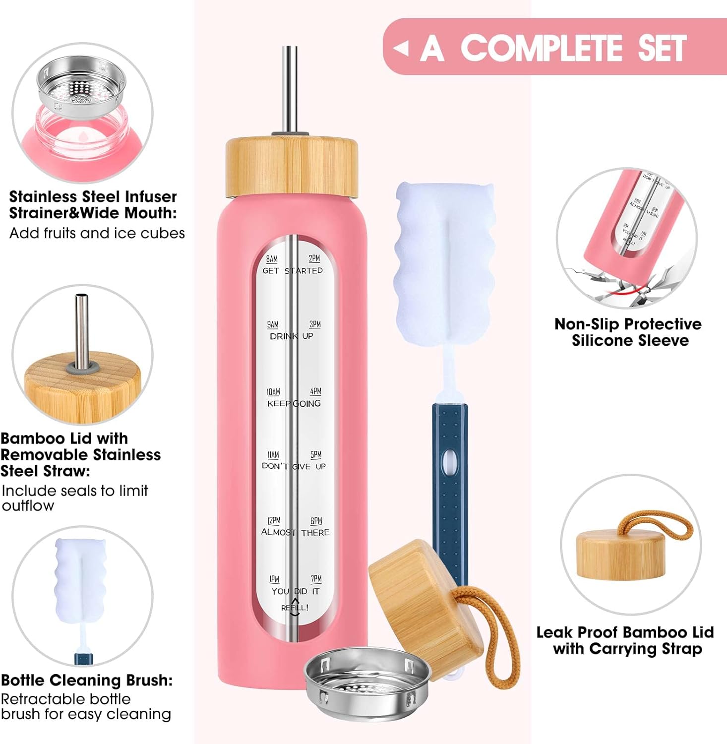 Botellas de agua de vidrio de 32 onzas con popote, botella de agua de vidrio motivacional con marcador de tiempo y funda de silicona, vaso de vidrio