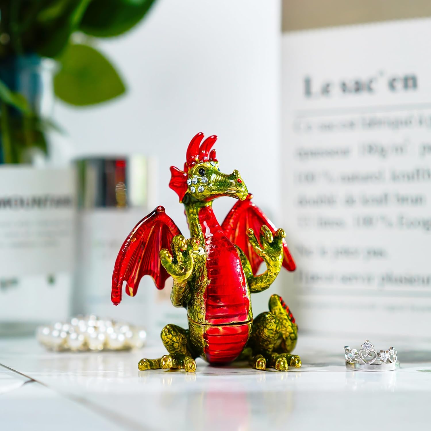 YU FENG Lindas cajas de baratijas de pterosaurio rojo con bisagras de cristal con joyas de dinosaurio figuras de animales de joyería expositor