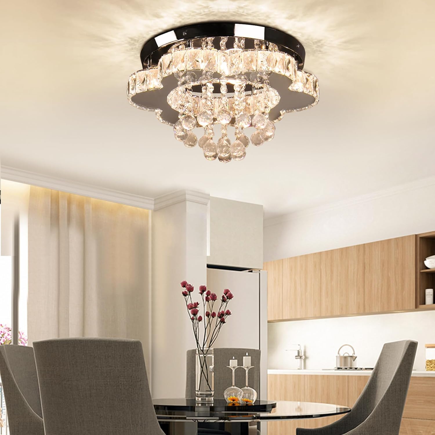 Finktonglan Candelabro LED de cristal moderno de 16 pulgadas, lámpara de techo de montaje empotrado, lámpara de comedor de flores para sala de