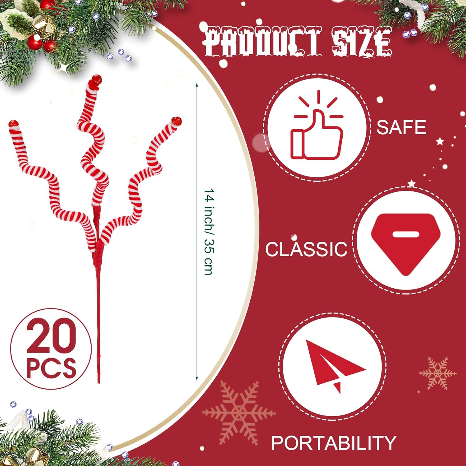 20 piezas de selecciones para árbol de Navidad, campanas de lana, recogida rizada de 14 pulgadas, decoración de árbol de Navidad, dulces, adornos de