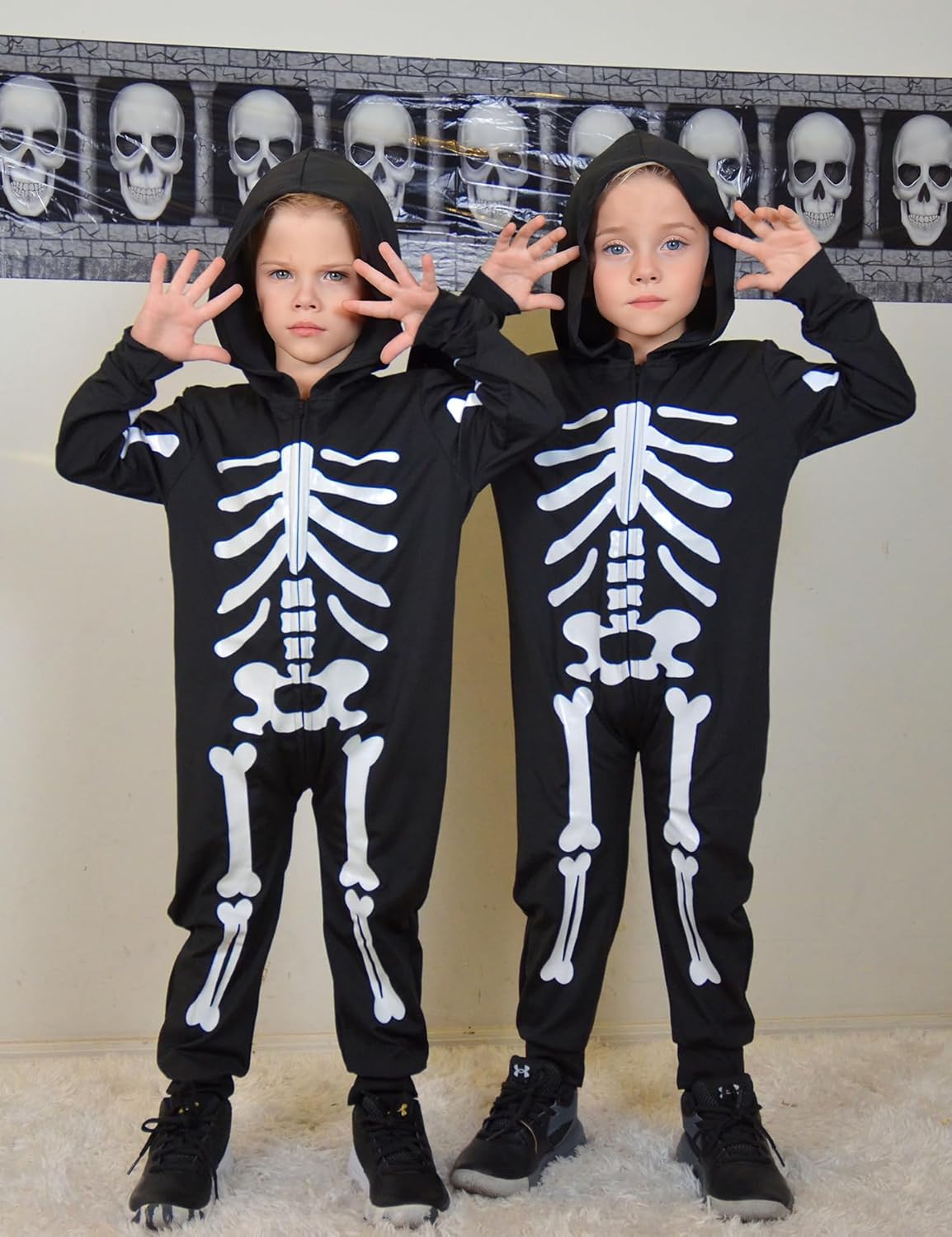 Enlifety 1-8T Disfraz de esqueleto de Halloween para niños y niñas, overol de calavera que brilla en la oscuridad con capucha