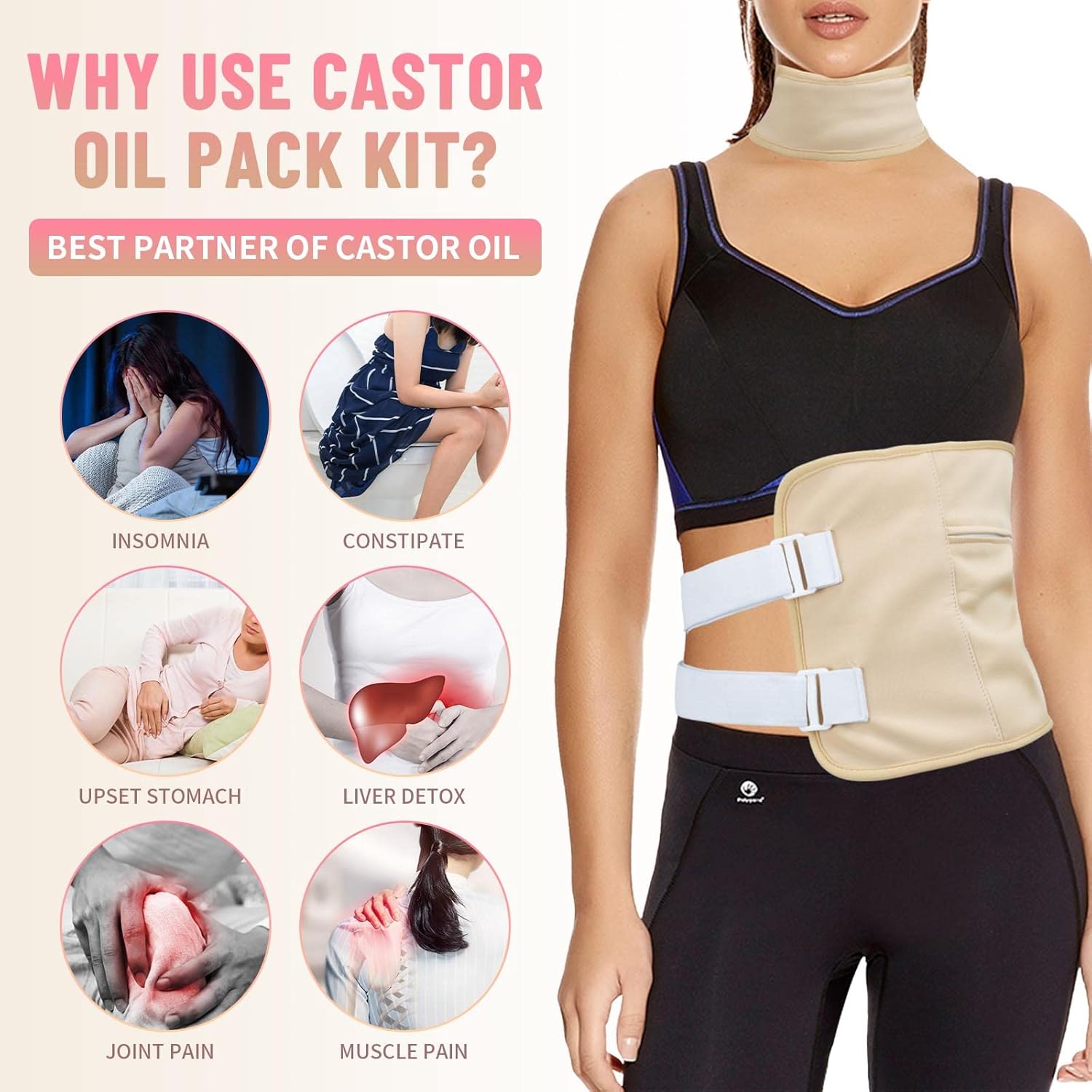 Paquete de 6 unidades de aceite de ricino de algodón orgánico, kit de aceite de ricino para rodilla, cintura, cuello y pecho con correa ajustable y