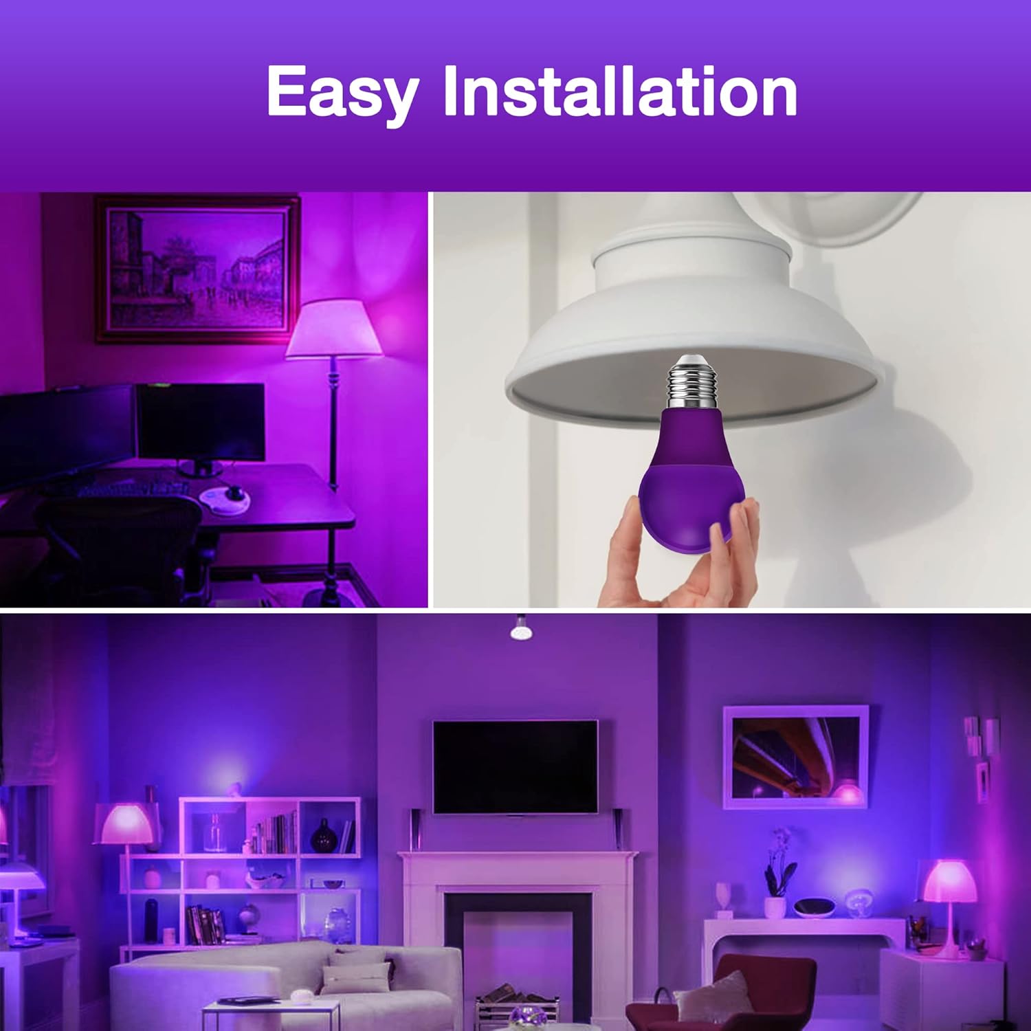 EvaStary Bombillas LED moradas, bombilla LED A19 negra de 9 W (equivalente a 60 W), base E26, luces moradas de colores, no regulables, para luces de