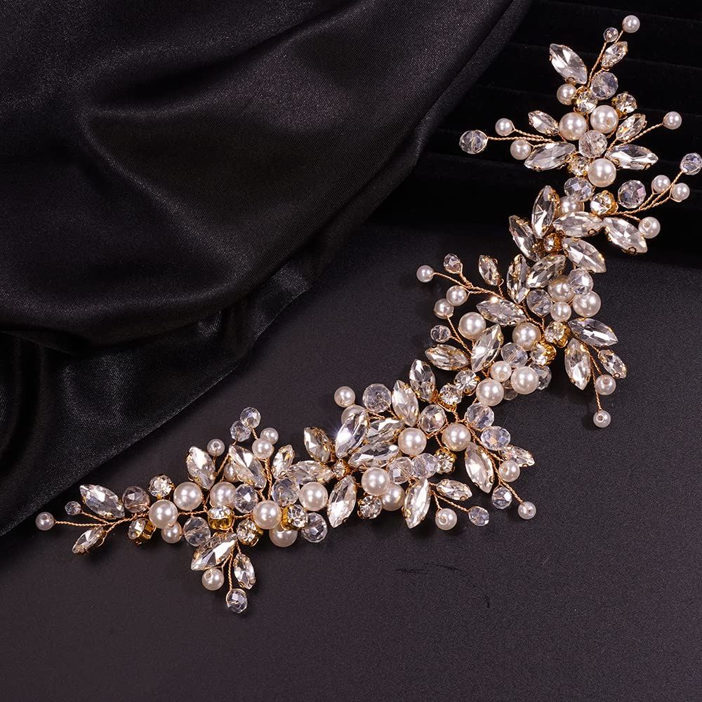 Teyglen Diadema grande de diamantes de imitación, perlas de cristal, diadema de vid hecha a mano con flores nupciales, accesorios para el cabello