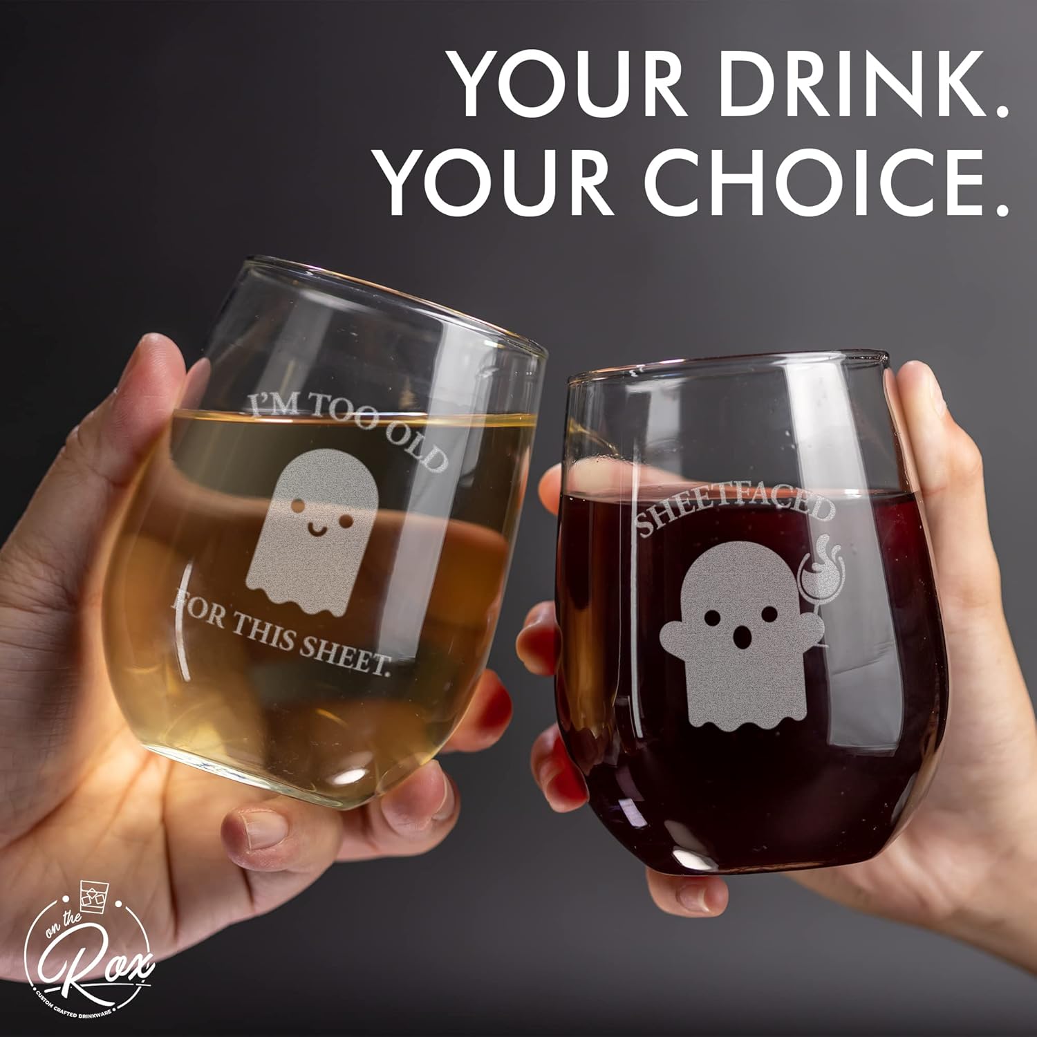 On The Rox Drinks Regalos de copa de vino de Halloween para mujeres, con texto en inglés “I Too Old For This Sheet Faced 2PC”, juego de copas de