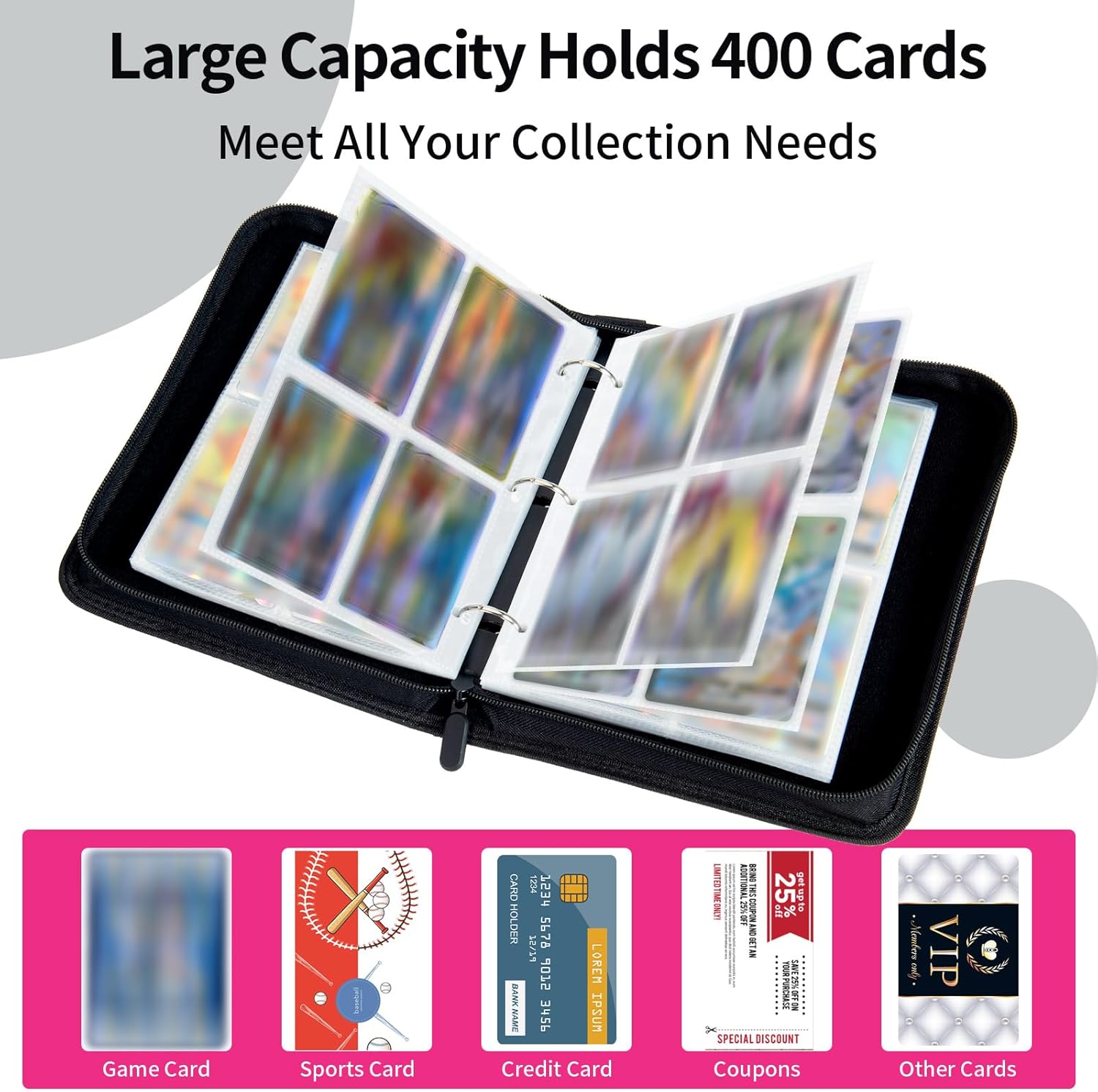 Carpeta de tarjetas de fútbol con 50 fundas extraíbles para 400 tarjetas, 4 bolsillos con cremallera y asa de transporte, carpeta de álbum de