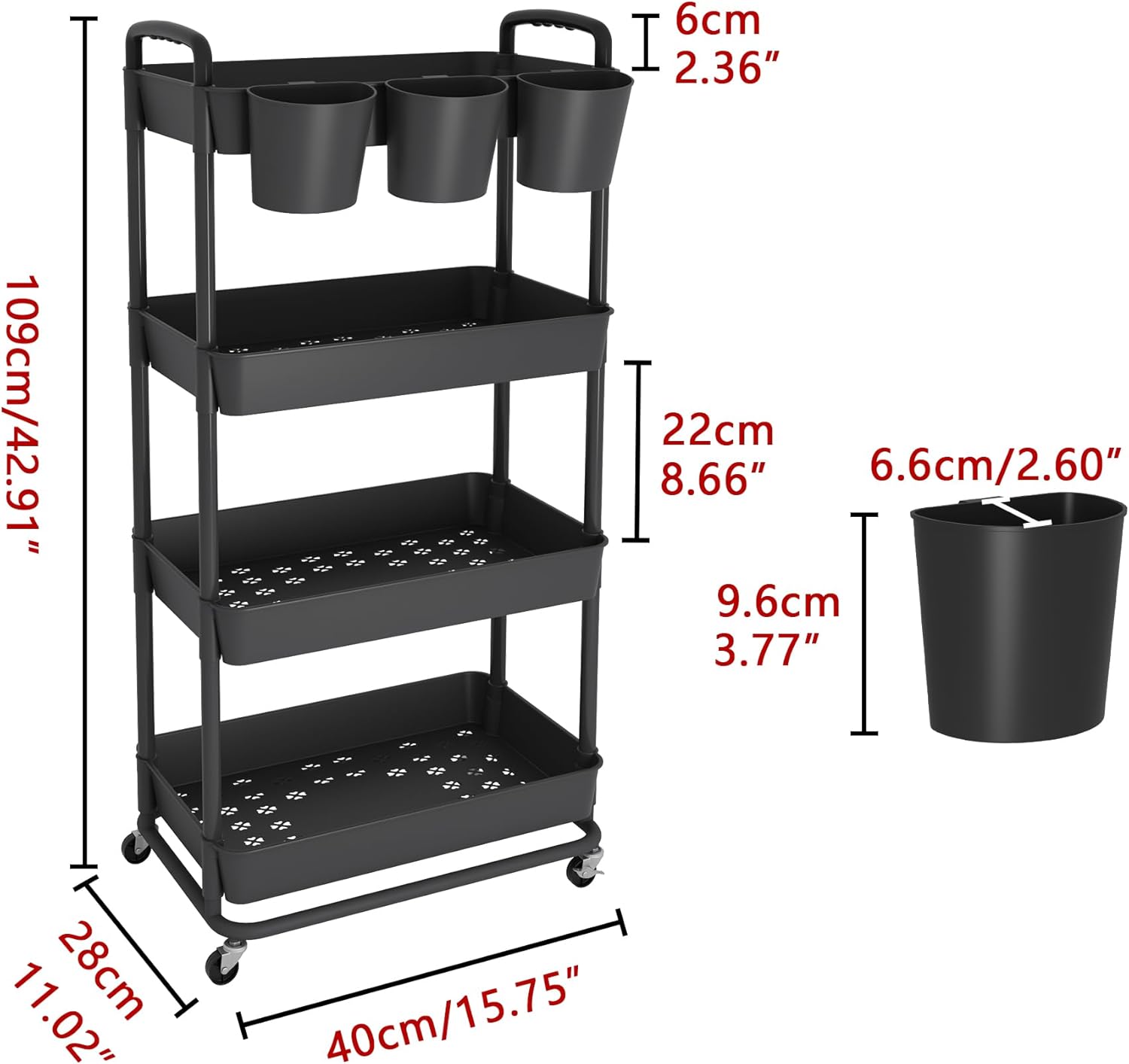 JIUYOTREE Carrito de almacenamiento de plástico de 4 niveles con asas de tazas colgantes adicionales, ruedas bloqueables para sala de estar, baño,