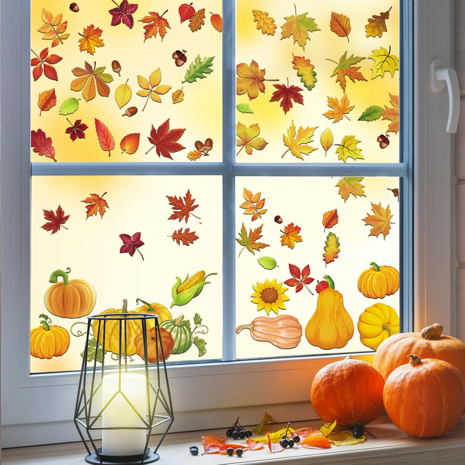 Hojas de otoño, calcomanías extraíbles de calabaza para ventana, de doble cara, otoño, Acción de Gracias, para el hogar, aula, oficina, decoración