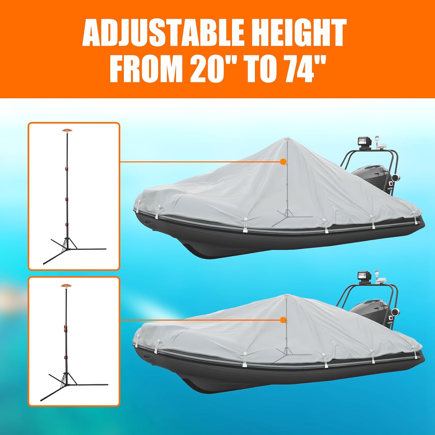 Poste de soporte para cubierta de barco, 1 poste de soporte telescópico ajustable SPCC de acero de 20 a 74 pulgadas con 3 correas para pontón, barco