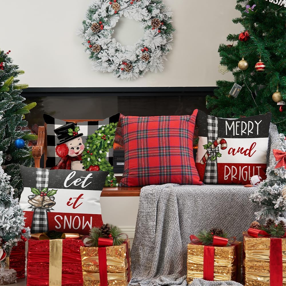 DFXSZ Juego de 4 fundas de almohada de Navidad de 18 x 18 pulgadas, diseño de muñeco de nieve, corona de árbol de Papá Noel, decoración de invierno