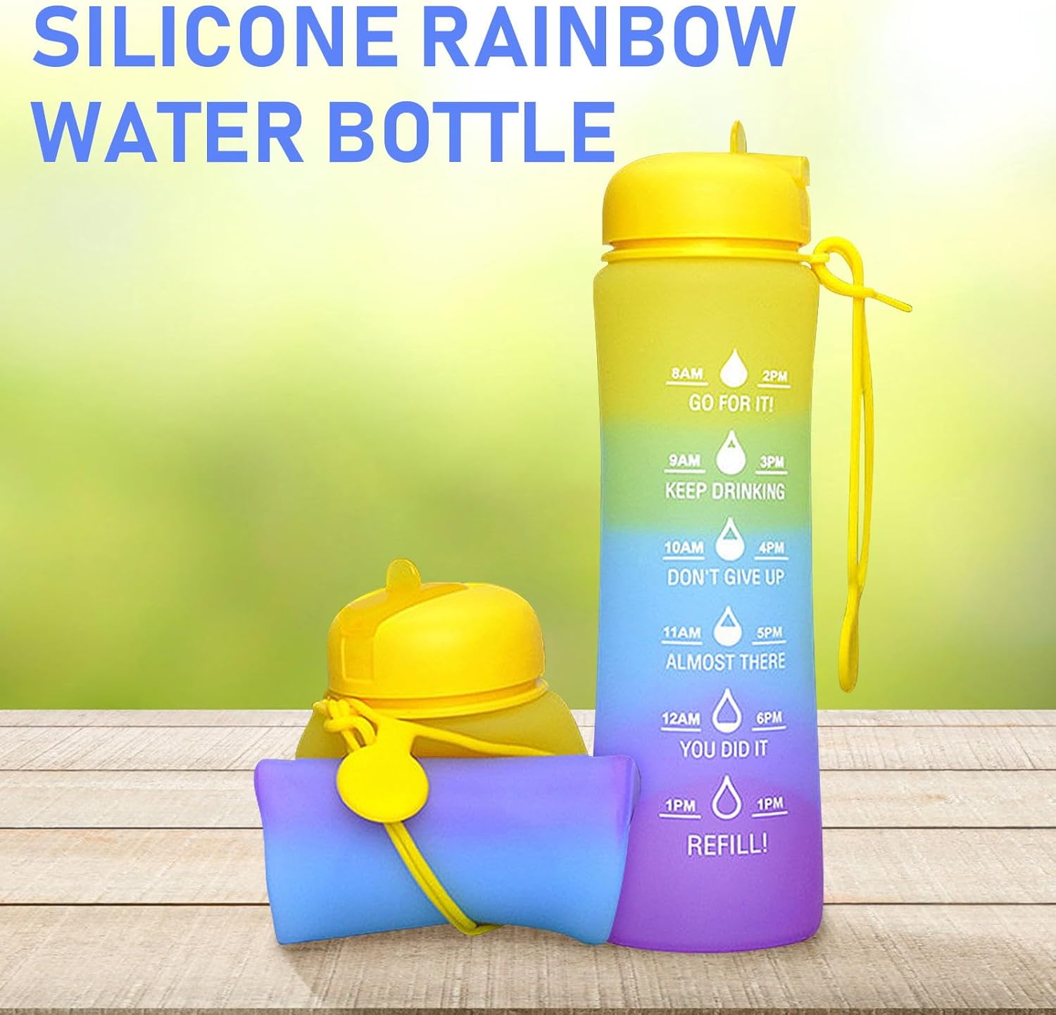 Botella de agua plegable con marcador de tiempo, botella de agua deportiva de 20 onzas, grande, a prueba de fugas, reutilizable, sin BPA, botellas
