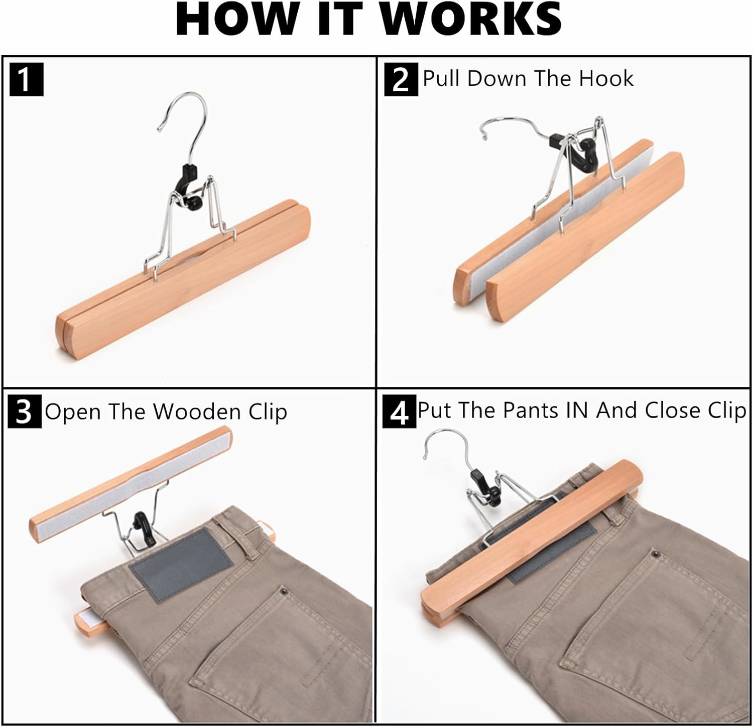 Amber Home Paquete de 10 perchas de madera natural para pantalones, perchas de madera con terciopelo acolchado antideslizante, ganchos para