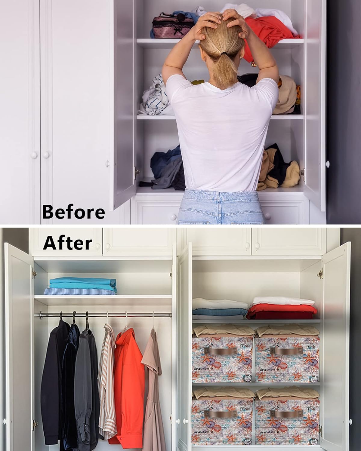 Storage Bins Cubes Waterproof Cloth Storage Basket, Rustic Ocean Starfish Foldable Storage Bags for Shelf Closet Clothes Storage Organizers with