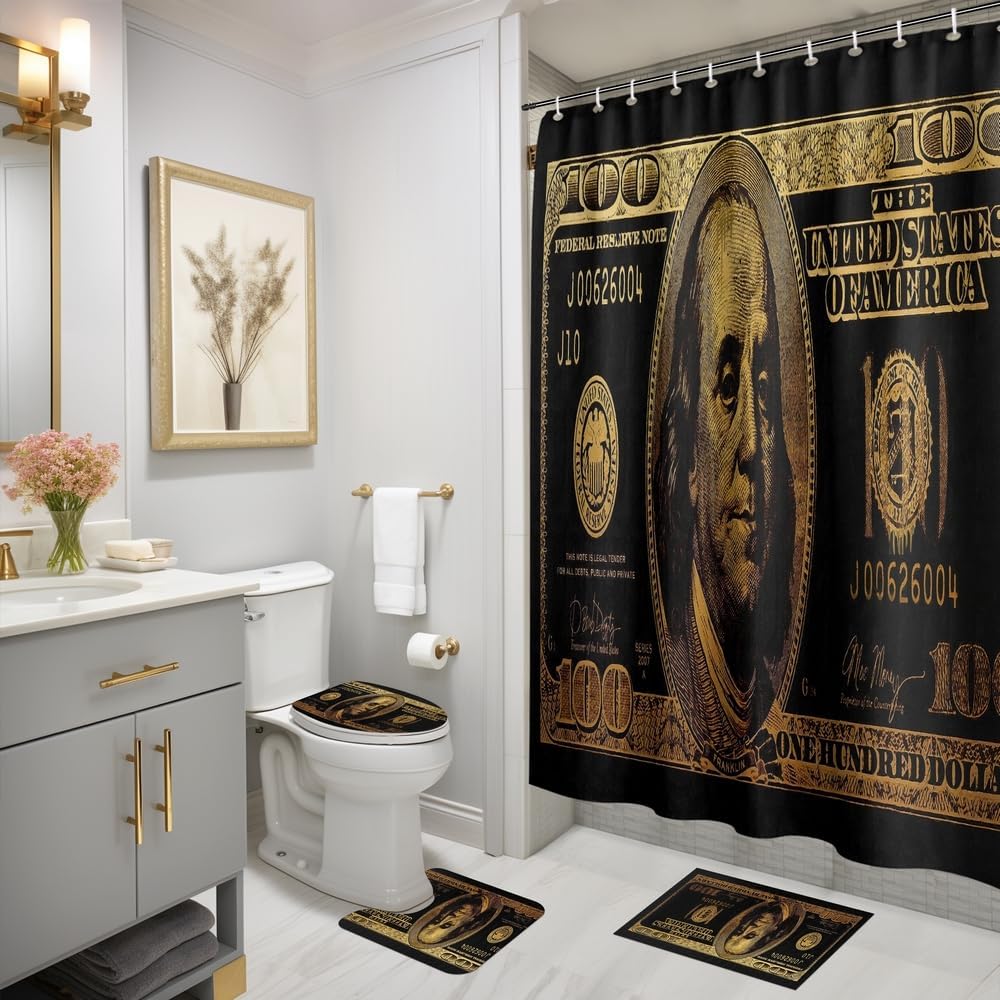 GUBIYU Juego de baño de billetes de 100 dólares de oro negro con cortina de ducha y alfombras de billetes, accesorios de baño geniales 4 piezas