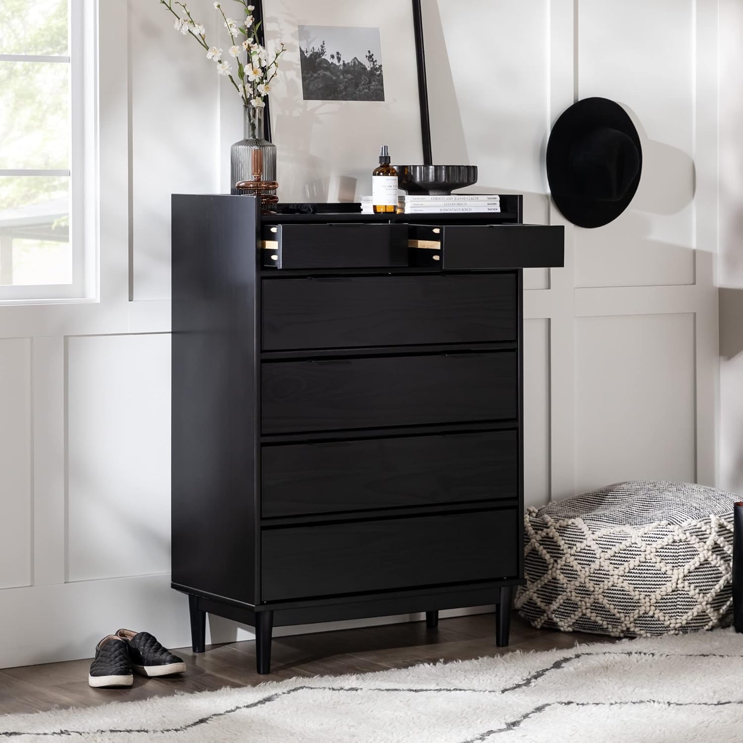 Walker Edison Blythe Mid-Century – Cómoda moderna de madera maciza con 6 cajones, 30 pulgadas, color negro