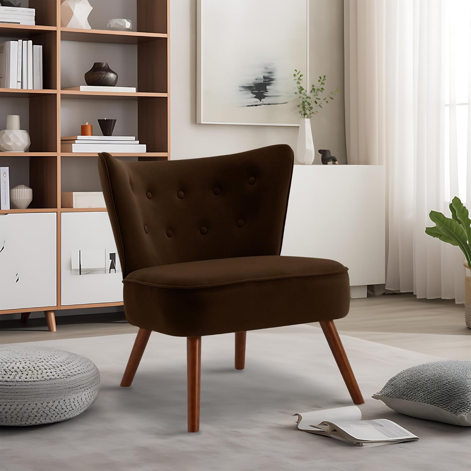 RUOVU Sillas decorativas de terciopelo modernas de mediados de siglo, sillas de sala de estar sin brazos con patas de madera, sillas de club con