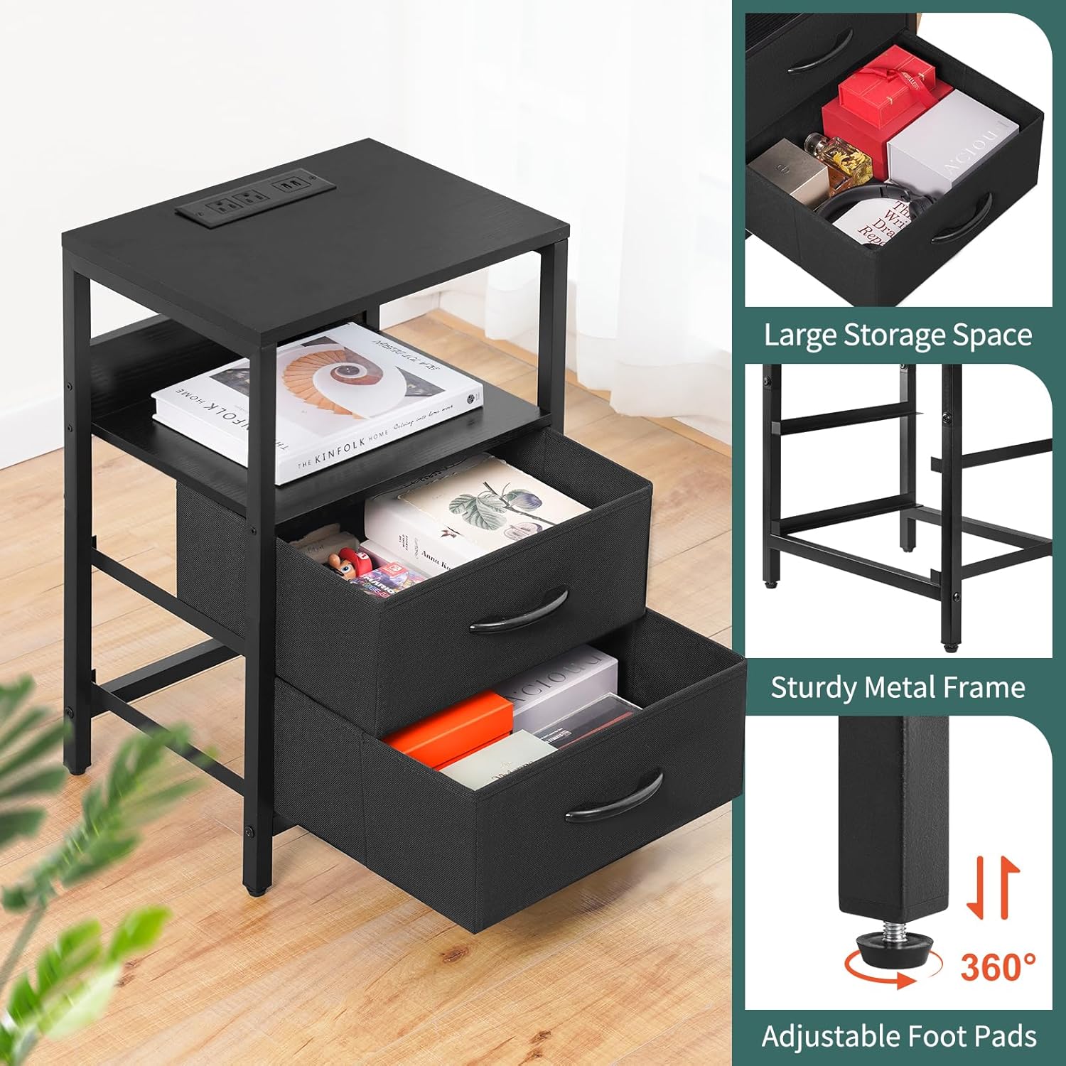 Yoobure – Mesita de noche con estación de carga, con LED y cajones de tela, estante de almacenamiento para dormitorio, con puertos USB y