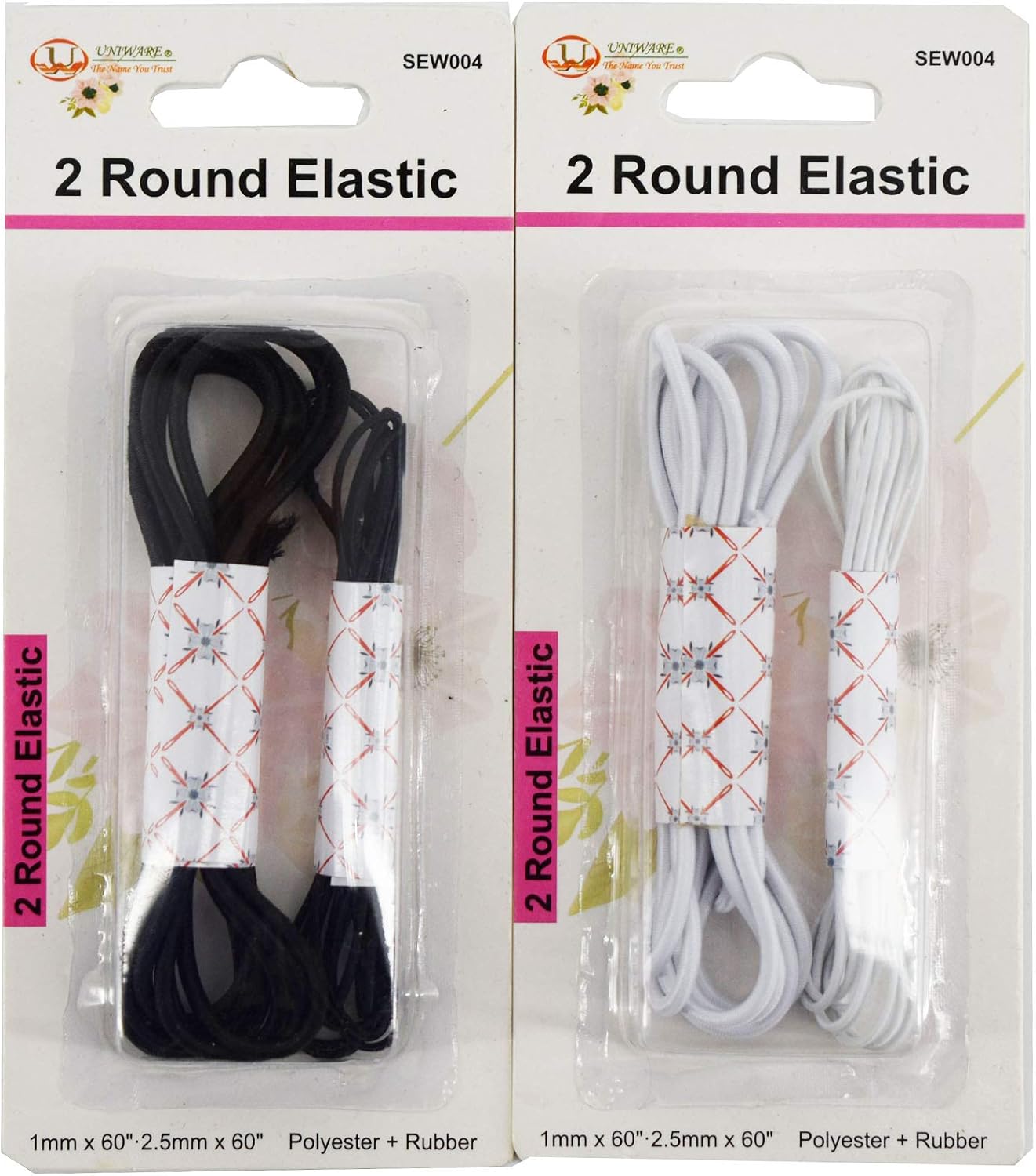 Uniware 2 elásticos redondos (2 quilates, poliéster + goma, 0.039 in x 60 pulgadas, 0.098 in x 60 pulgadas) negro y blanco (negro)