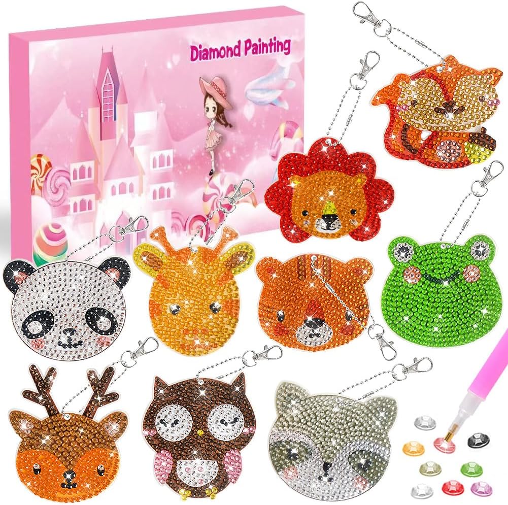 Kits de llavero de diamante 5D para niños, 9 piezas, artes y manualidades para niños de 8 a 12 años, pintura por números para decoración de
