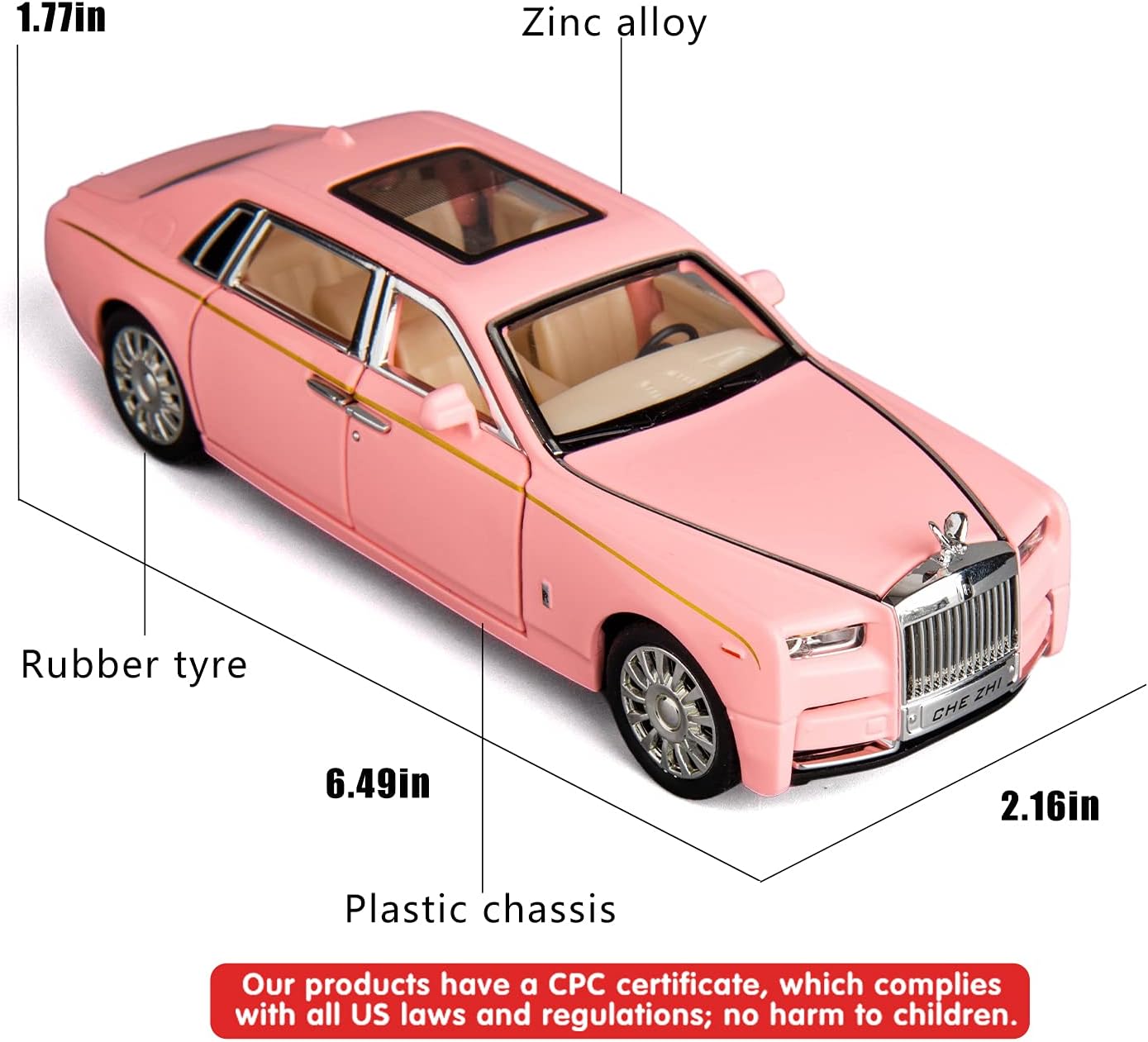 BDTCTK 132 Rolls-Royce Phantom Model Car, auto de juguete de aleación de zinc con sonido y luz para regalo de niños y niñas (rosa)
