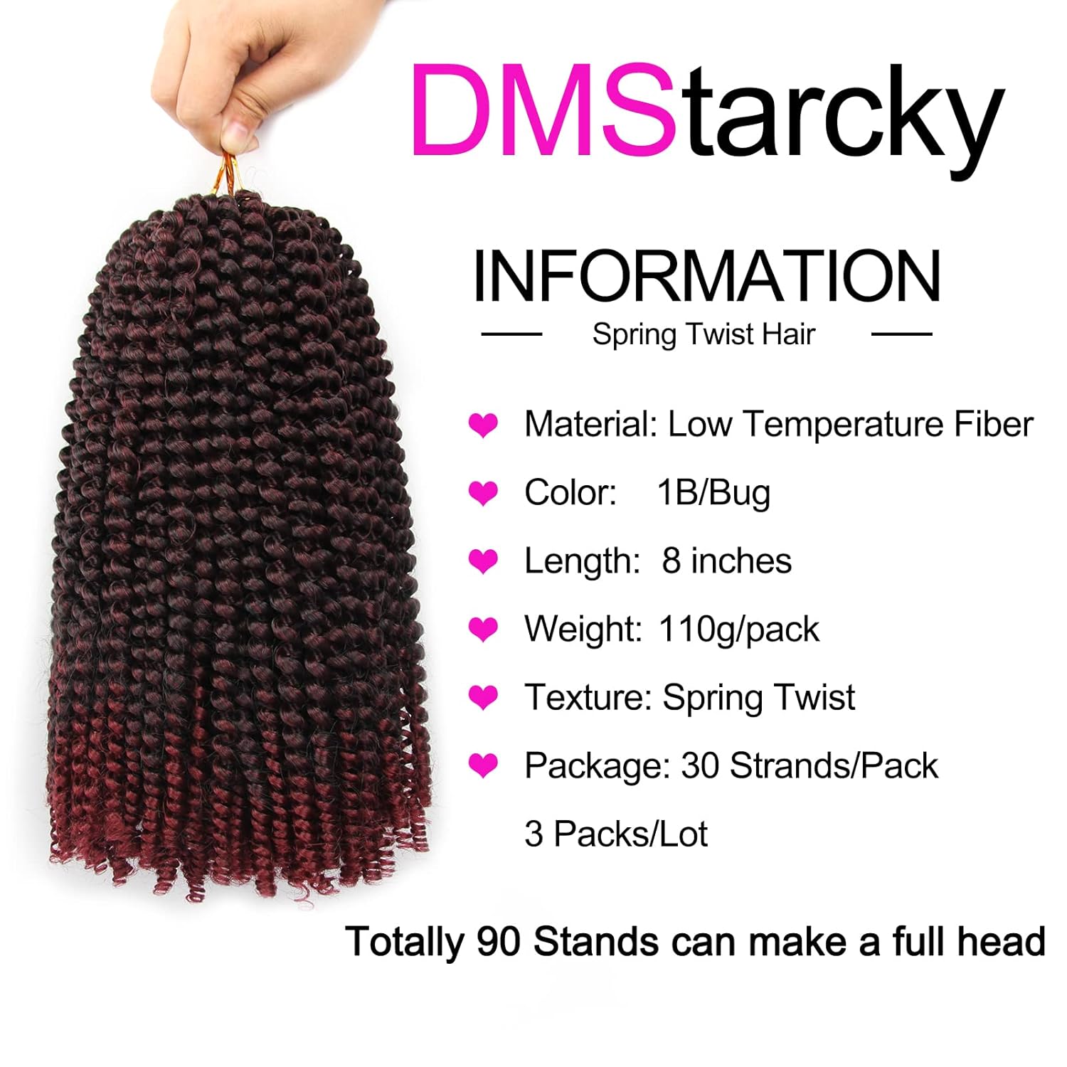 Cabello de ganchillo Spring Twist de 8 pulgadas, 3 paquetes de 90 hebras de cabello de fibra sintética de baja temperatura para mujeres negras,