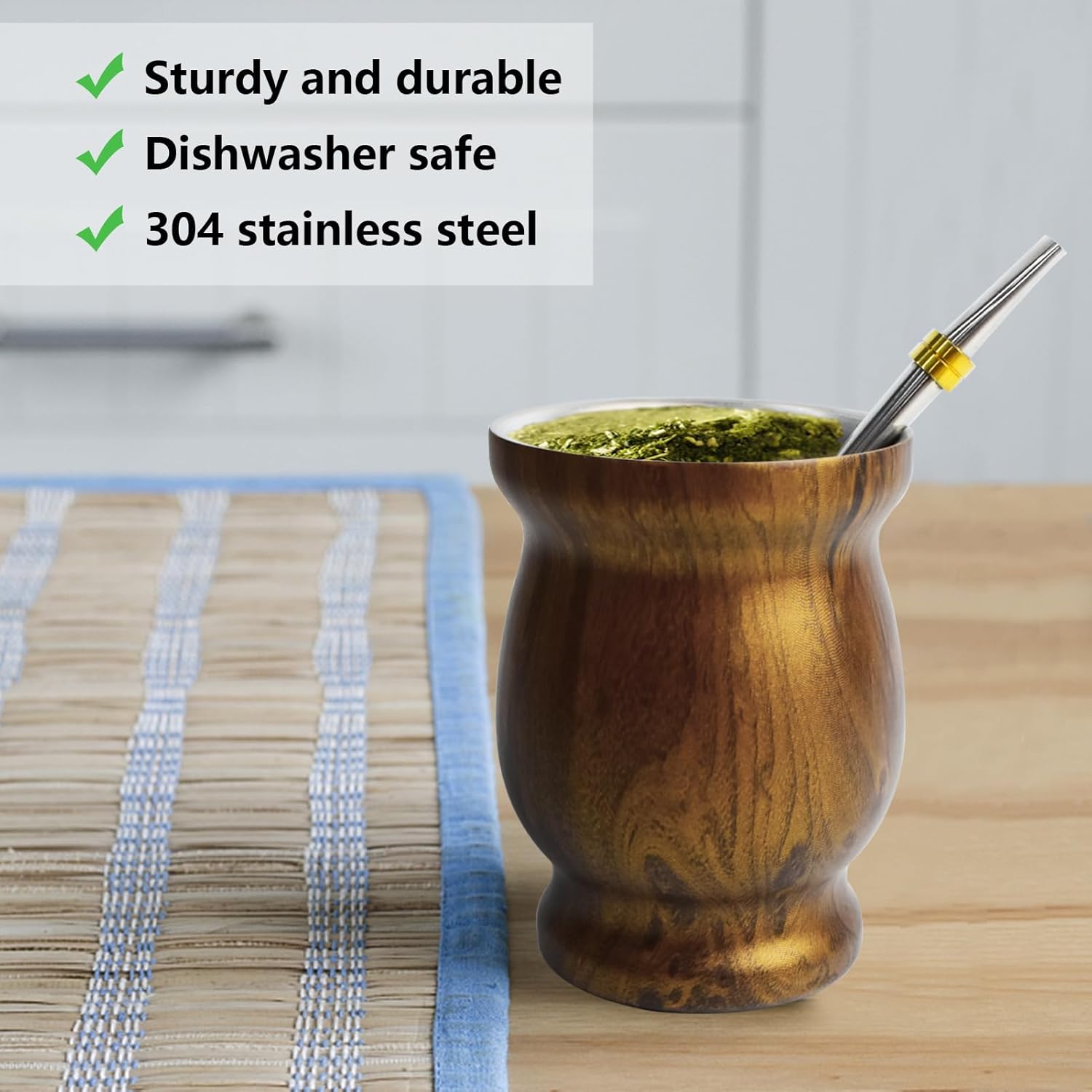 Artcome Juego de 4 tazas de yerba mate de acero inoxidable  1 taza mate de acero inoxidable de doble pared de 8.5 onzas (madera), 2 bombillas (paja