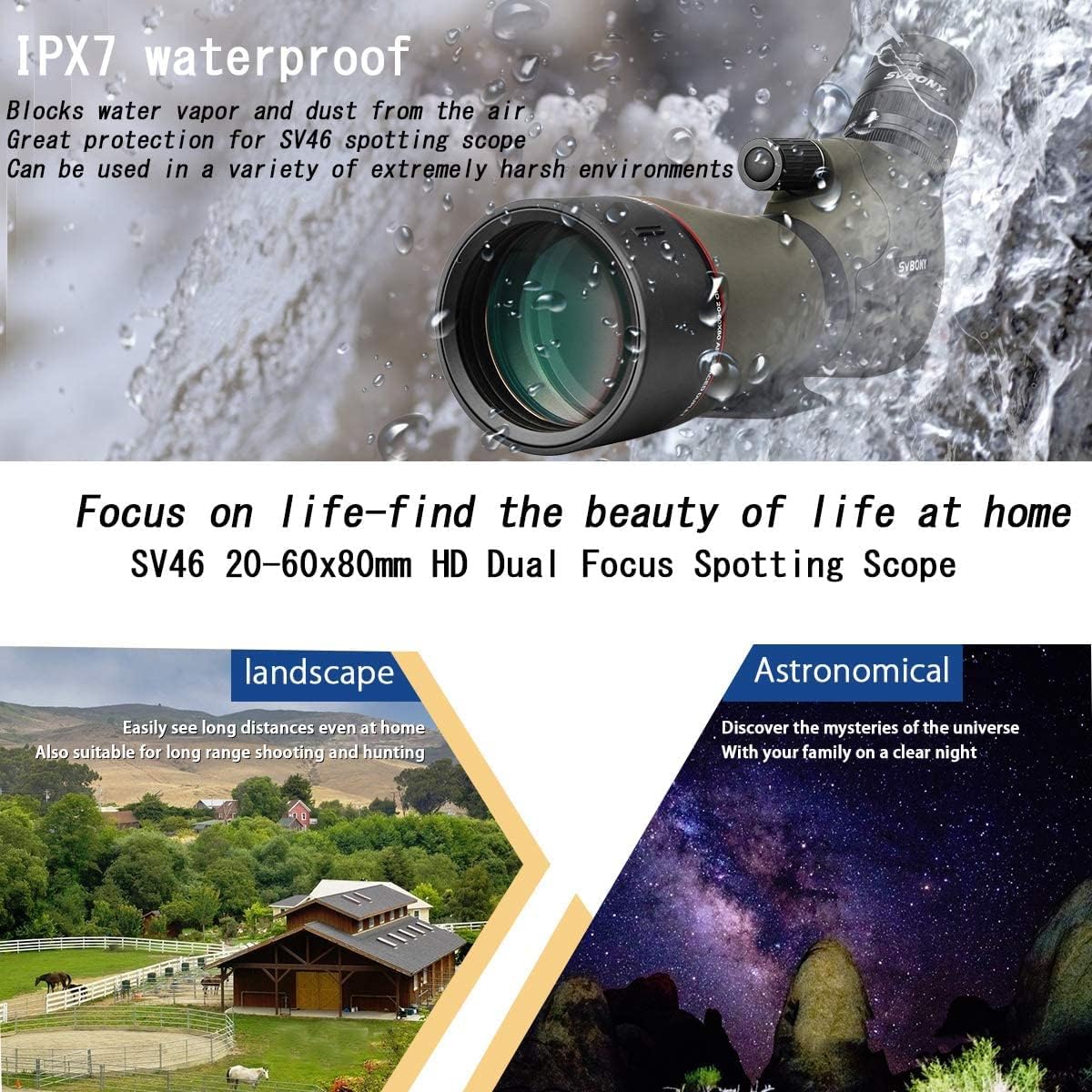 SVBONY SV28 25-75×70 – Ámbitos de detección con trípode y SV46 20-60×80 HD de doble enfoque para observación de aves, caza, disparo al objetivo,