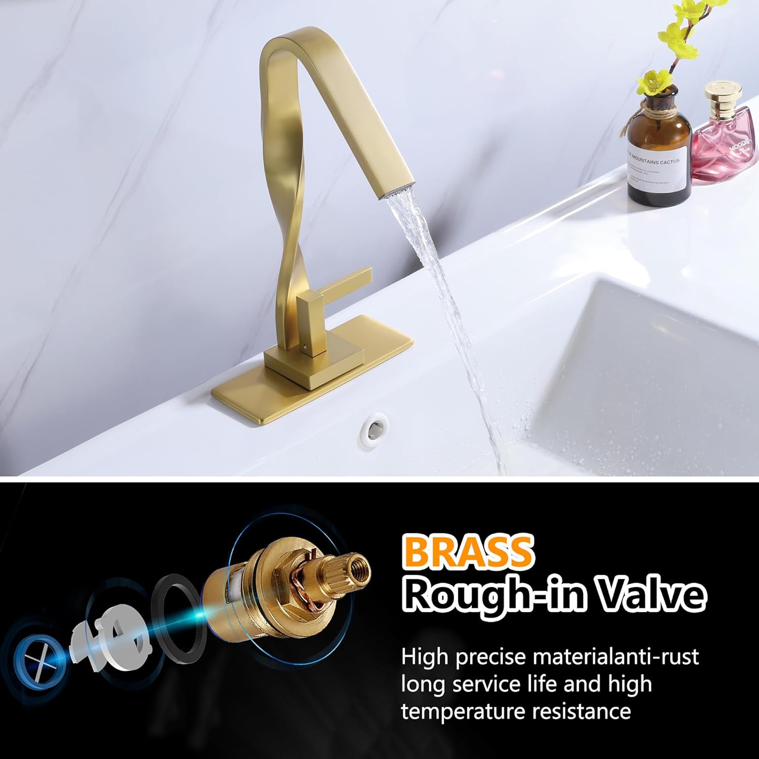 Grifo de baño en cascada, grifos de fregadero de oro cepillado para 1 o 3 agujeros, grifo de latón de una sola manija con placa de escritorio de 6
