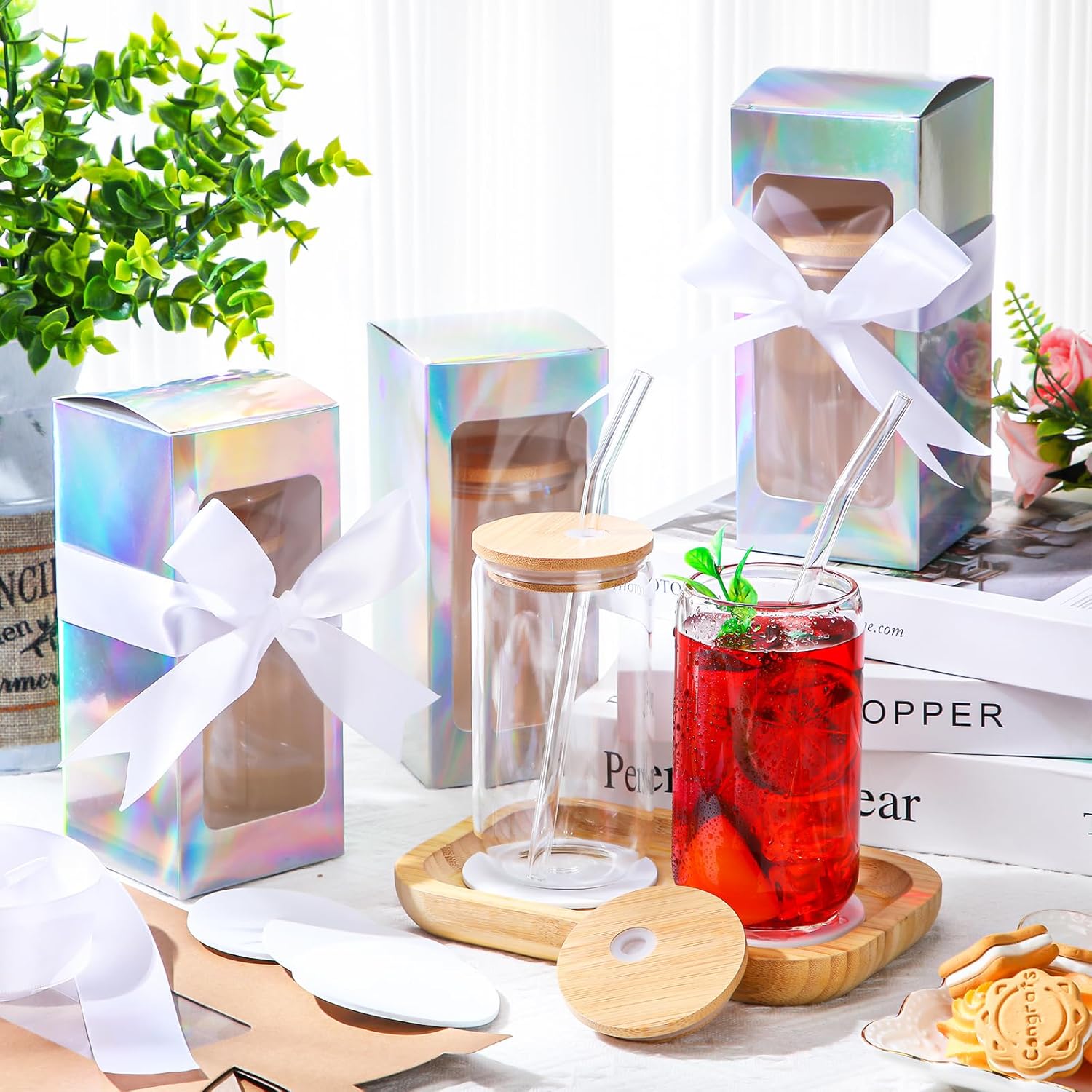 12 vasos de sublimación de vidrio esmerilado de 12 onzas con tapas de bambú y pajitas, tarros de cerveza transparentes con 12 cajas de regalo para