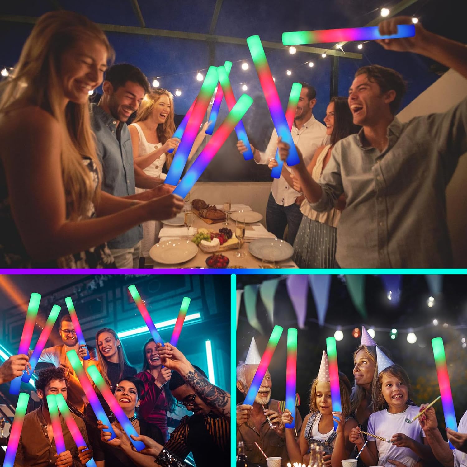 100 PCS Giant 16 Inch Foam Glow Sticks, Bulk Glow Sticks with 3 Modes Colorful Flashing, LED Light Stick Gift, Glow in Dark Party Supplies for
