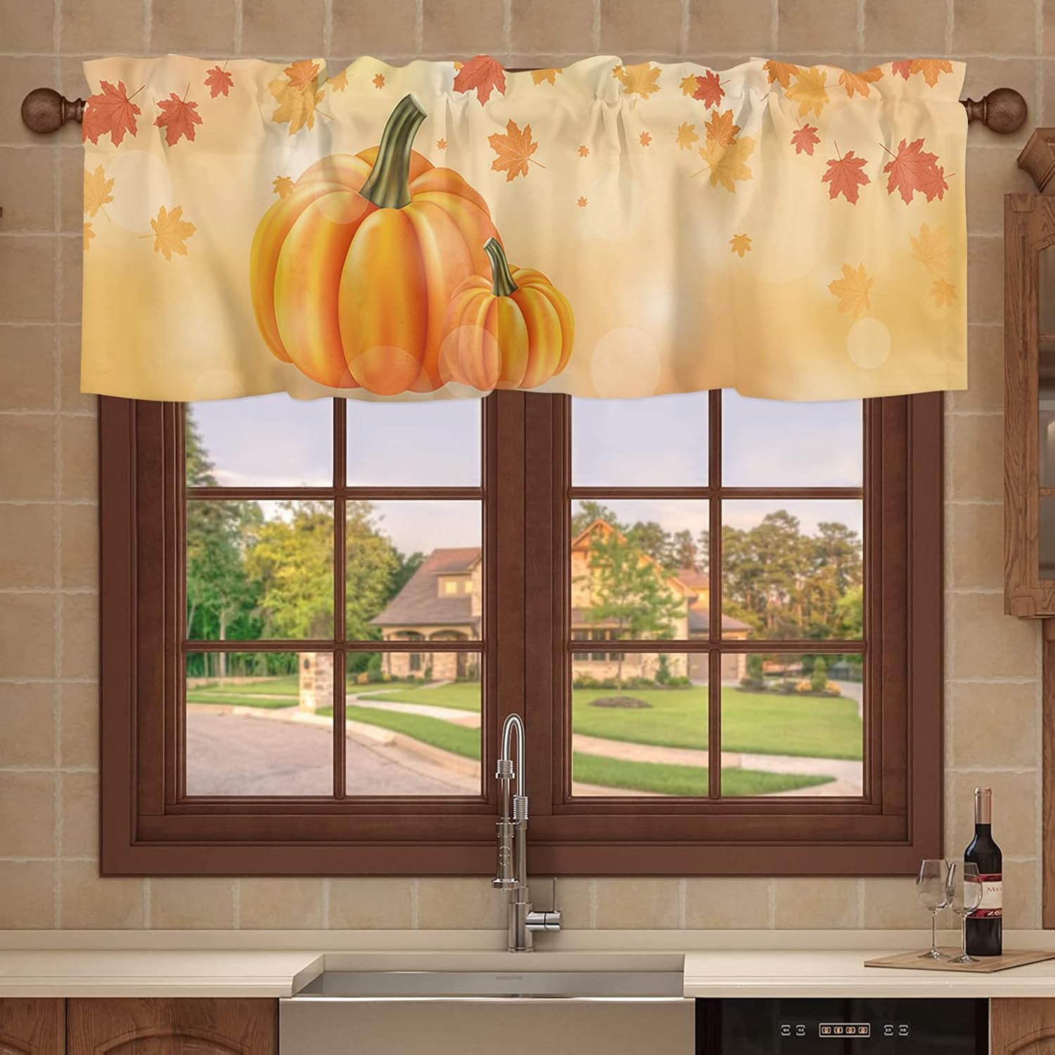 Cenefas de cortina de calabaza de otoño para ventanas, hojas de arce de Acción de Gracias, cenefa con bolsillo para barra, cortinas de ventana