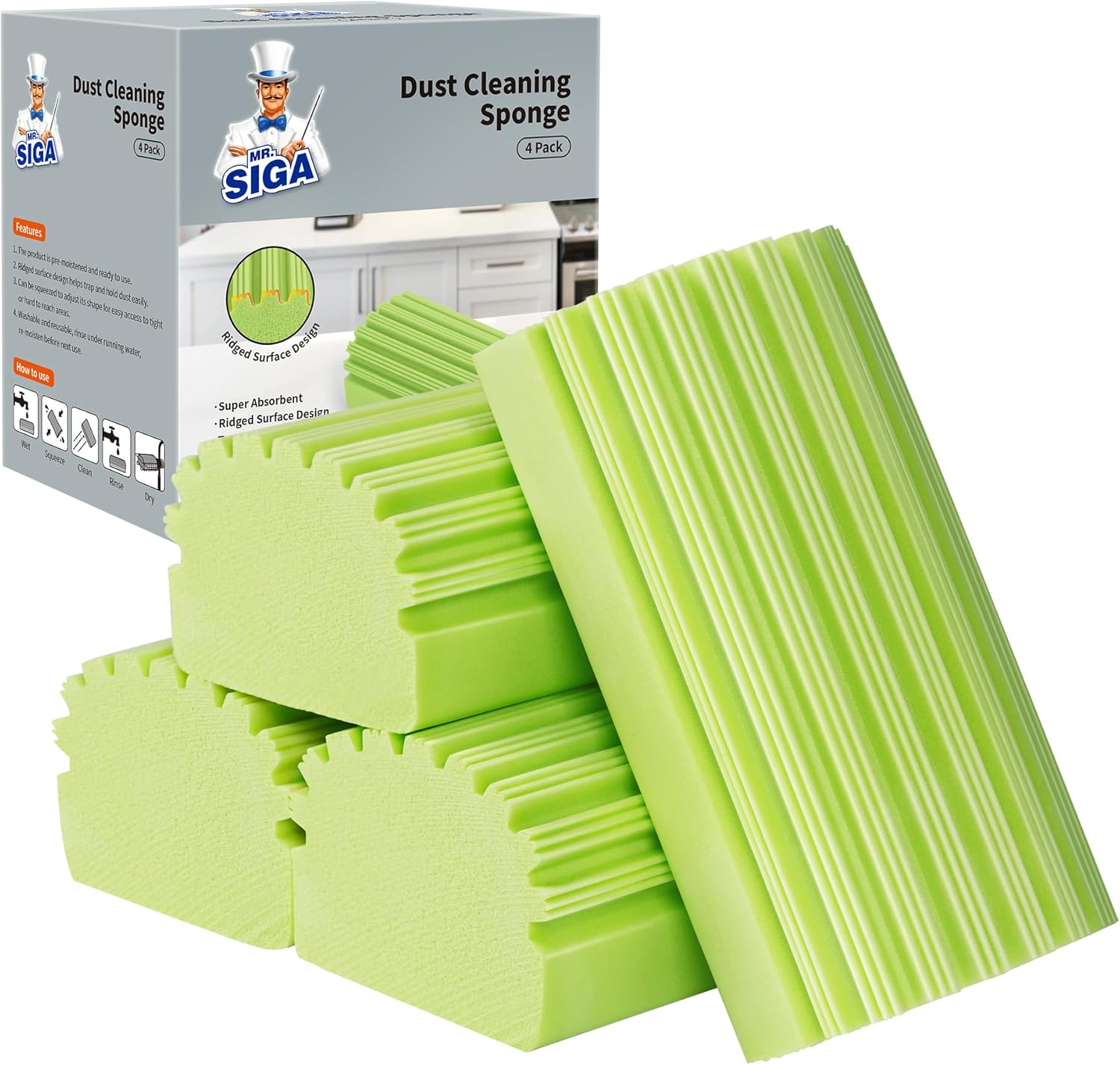 MR.SIGA Plumero de esponja, plumero reutilizable con diseño de superficie acanalada, esponja húmeda para el hogar para limpiar el polvo, paquete de