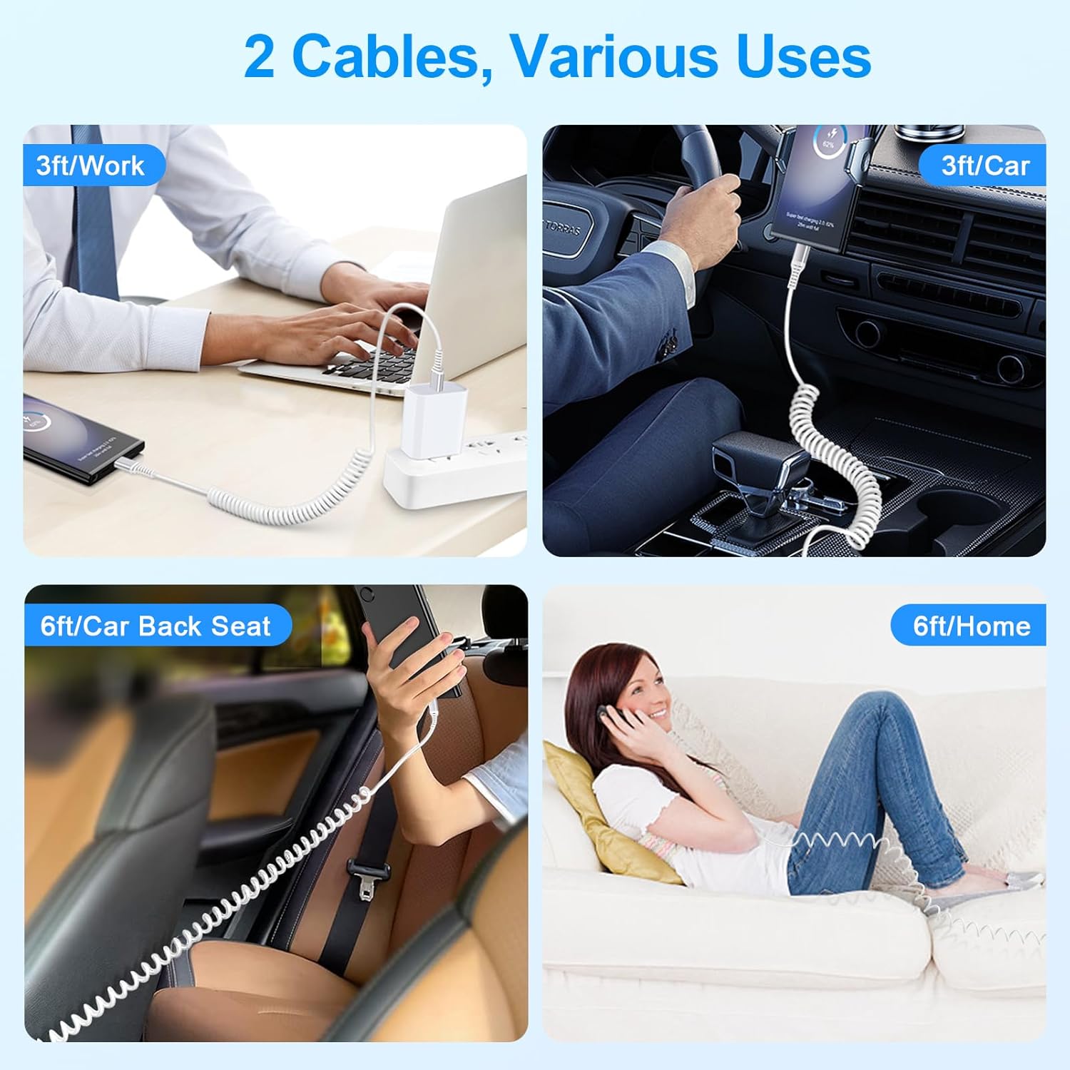 Samsung – Cargador de coche de carga rápida tipo C, cable de alimentación USB C para teléfono celular, paquete de 2 unidades de 3 pies y 6 pies para
