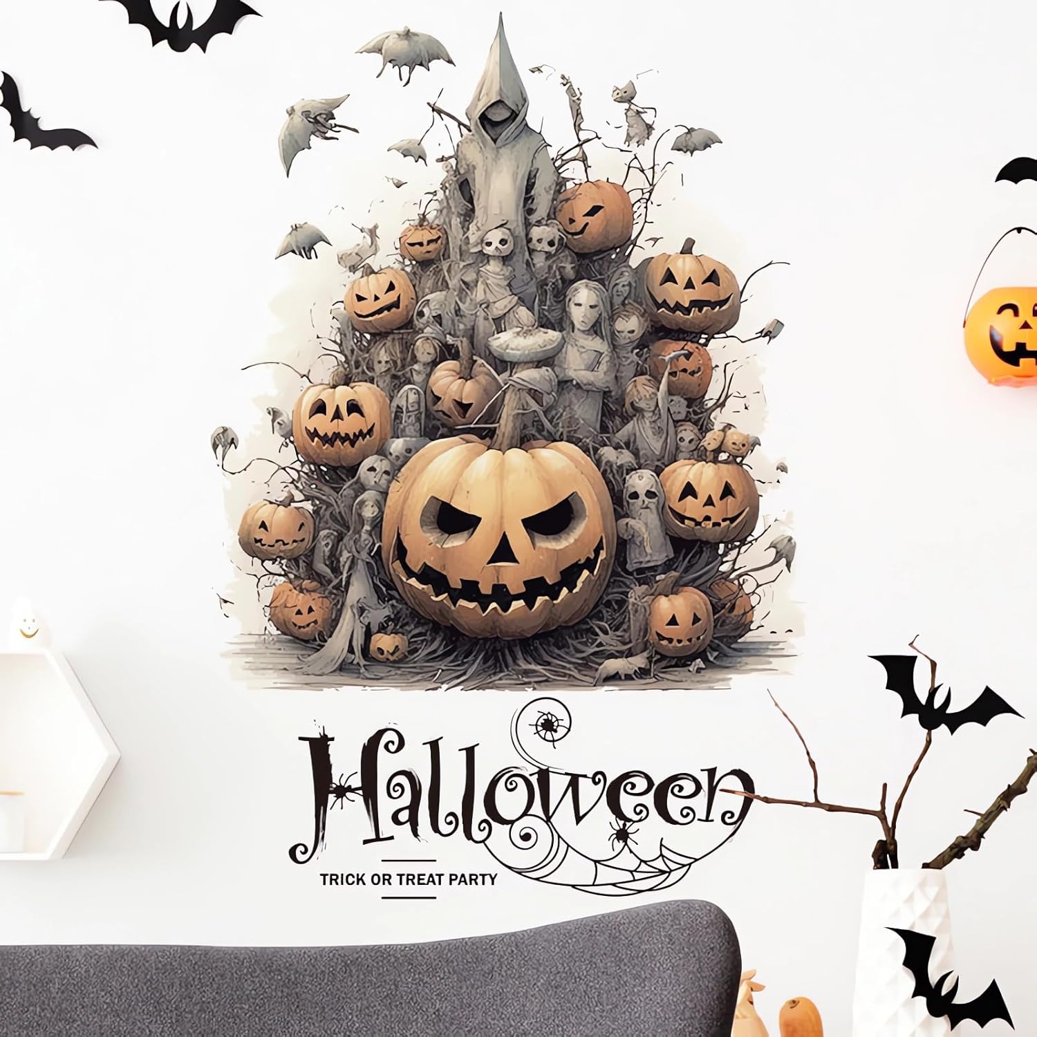 Calcomanías de pared de monstruo de calabazas de Halloween, calcomanías de pared de fantasmas de terror de Halloween, vinilo extraíble para