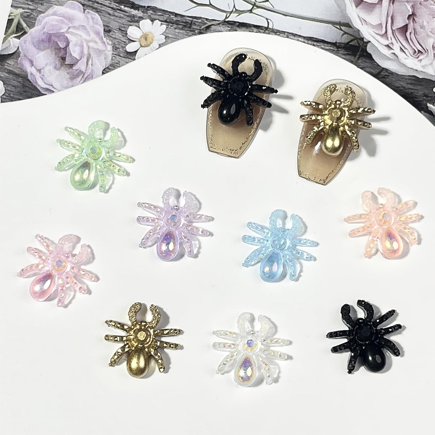 Dijes para arte de uñas de araña, aurora 3D, diamantes, holografía, resina, araña, arte de uñas, joyería de arte de uñas, gemas de uñas láser,