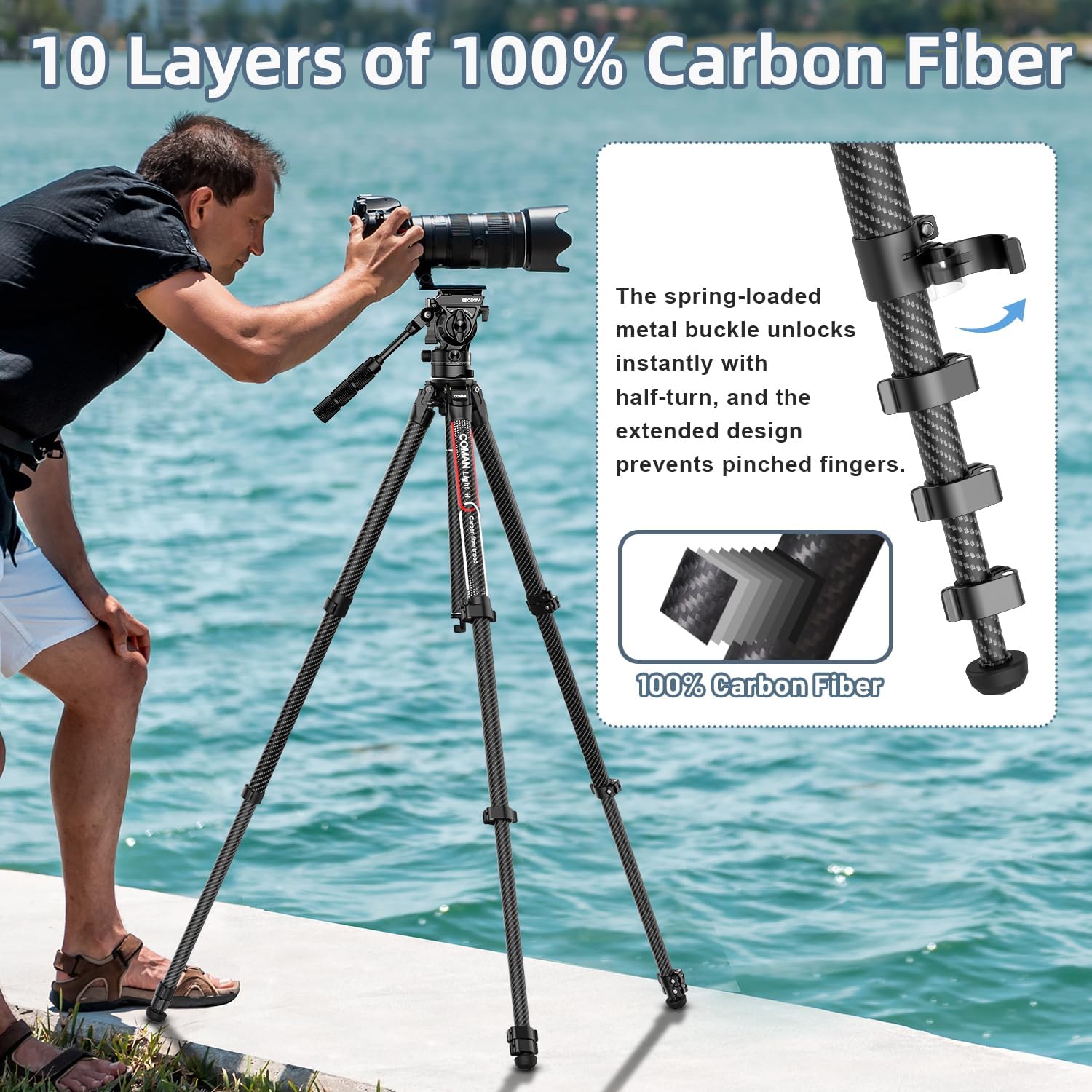 COMAN Trípode de viaje para video, soporte de trípode ligero de fibra de carbono de 61 pulgadas, con cabezal fluido de amortiguación de 360,