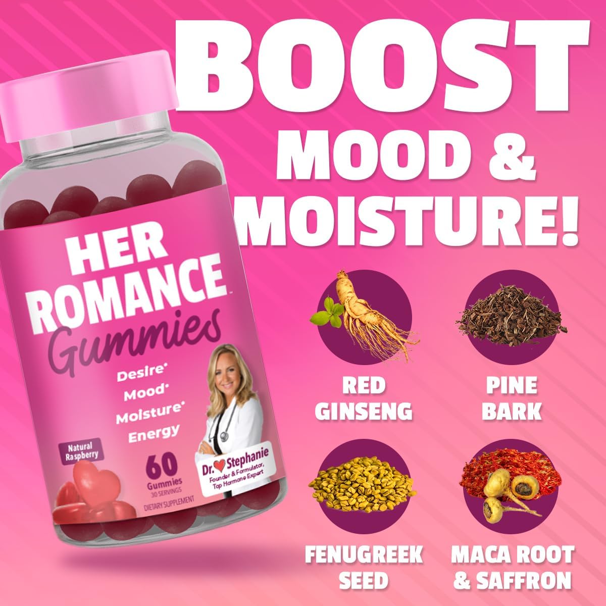 Pharmaganics Dr. Stephanie’s Her Romance – Gomitas para el equilibrio hormonal natural para mujeres, sabor natural a frambuesa