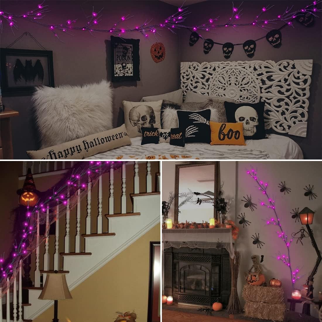 Guirnalda de luces de Halloween para decoración de Halloween, luces de araña de 6.5 pies, 48 LED, funciona con pilas, ramas de araña de Halloween,
